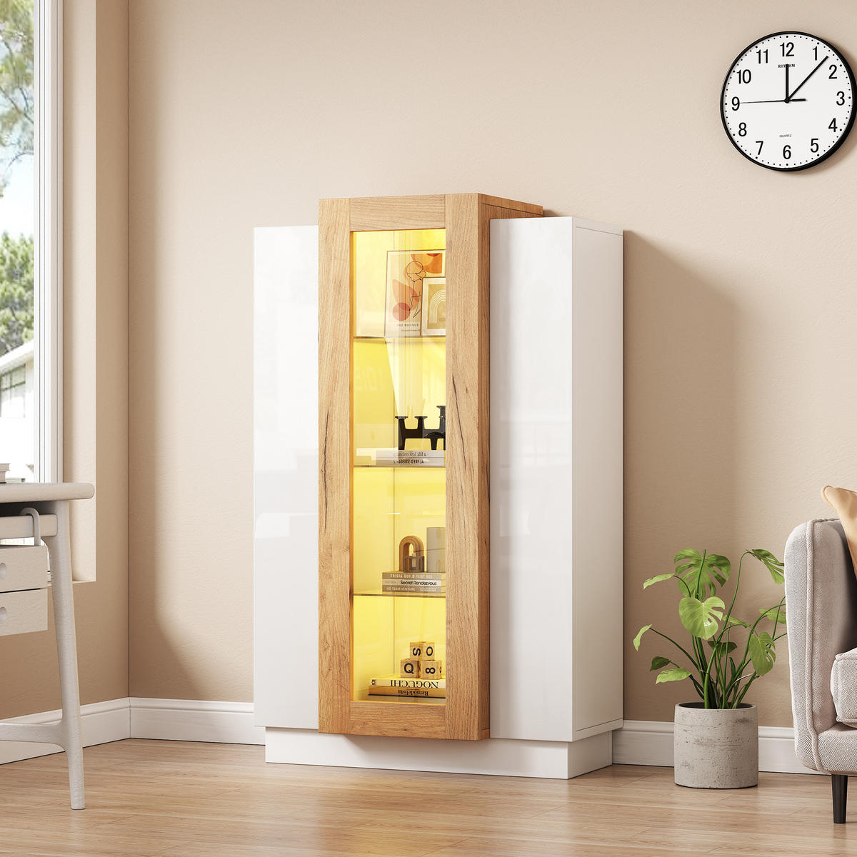 VITRINE Weiß-Holzoptik mit Acryltüren, App-gesteuerter LED 74 × 40 × 120 cm - Weiß, Holzwerkstoff (40/120/74cm) - Luhomfu
