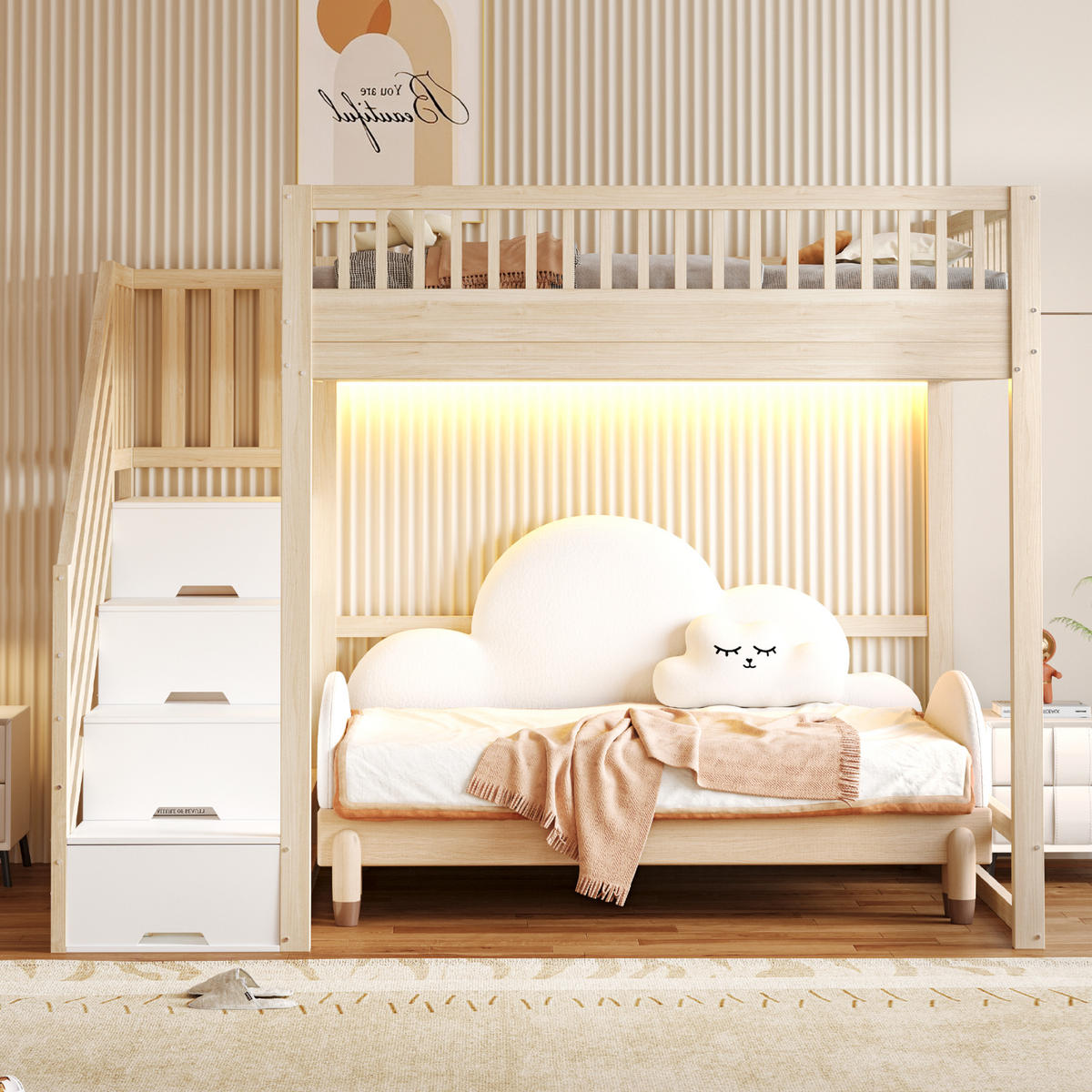HOCHBETT 140/200 cm in Natur mit Stauraumtreppe und LED - Naturfarben, Holz/Holzwerkstoff (140/200cm) - STILVORA