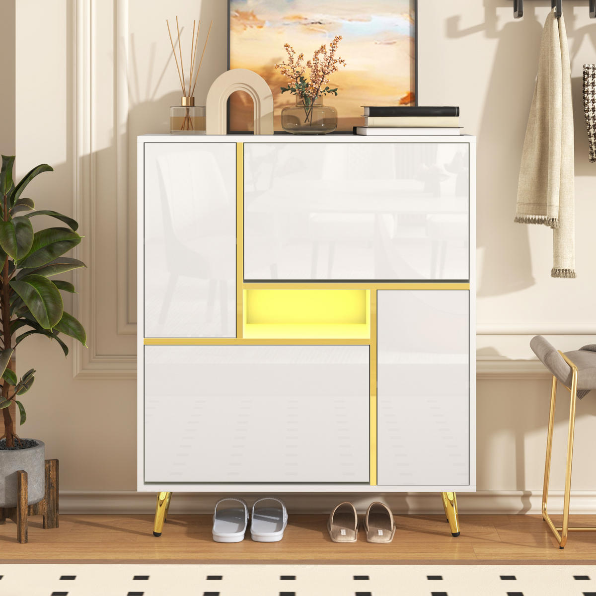 SCHUHSCHRANK 80x25x96 Weiß Hochglanz LED 16 Farben - Weiß, Holzwerkstoff (25/96/80cm) - FLIEKS