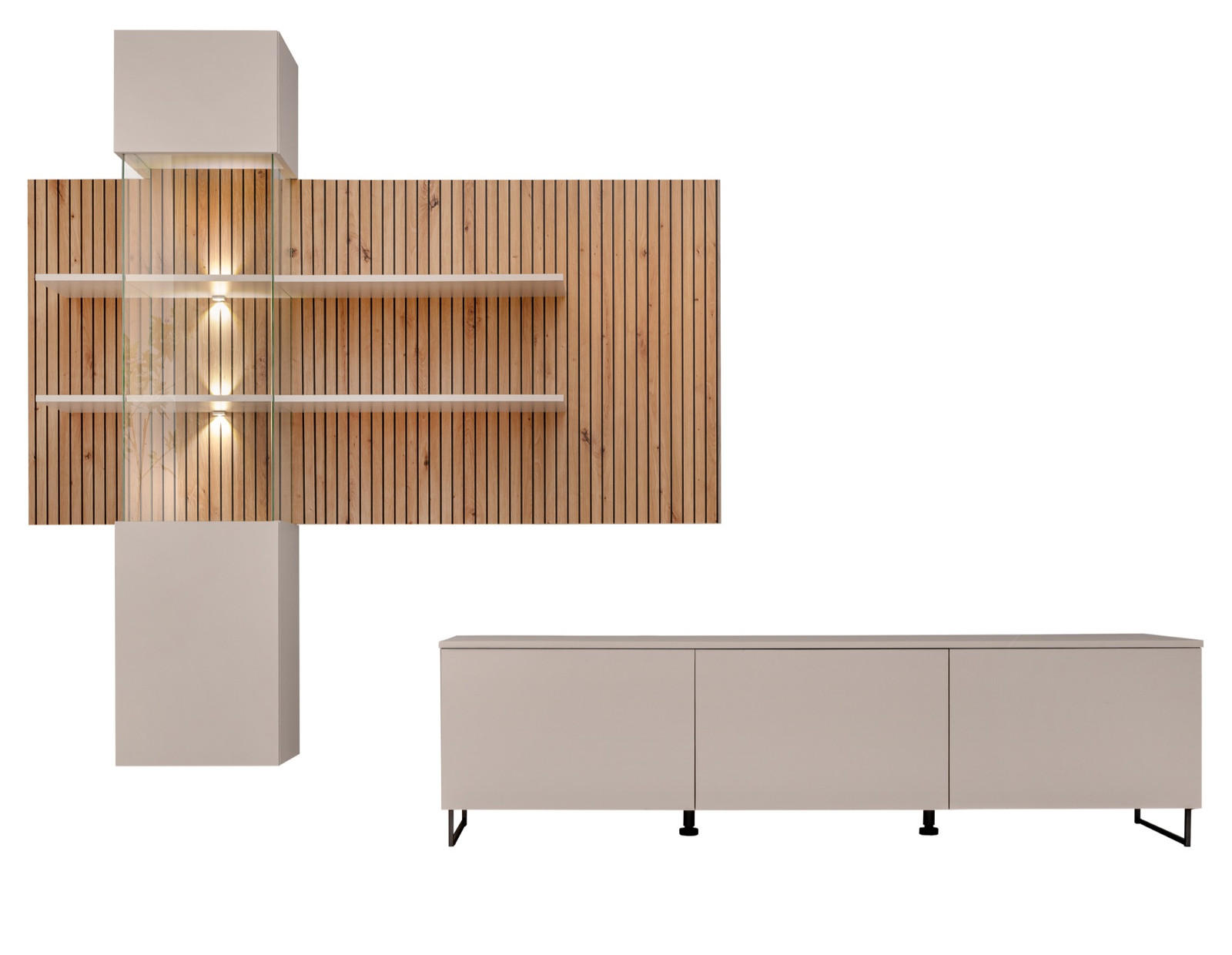 WOHNWAND Sand matt, Eiche Artisan 280 cm, Schrankwand inklusive LED Beleuchtung - Sandfarben/Schwarz, Holzwerkstoff/Kunststoff (280/200/45cm) - Furn.Design