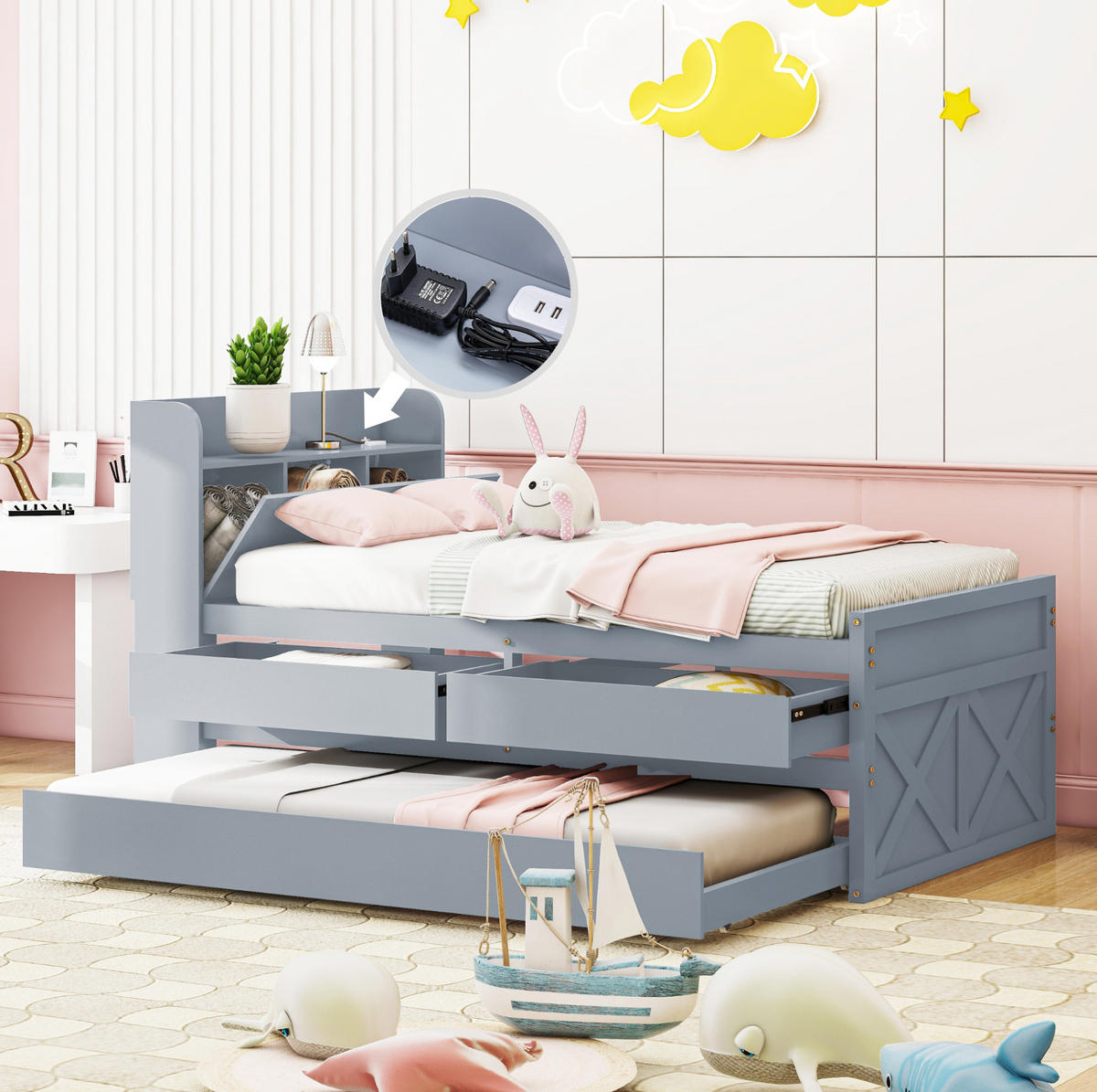 JUGENDBETT 90/190 cm mit Ausziehbett, 2 Schubladen, Nachttisch mit USB und Stauraum, Grau - Grau, Holzwerkstoff (90/200cm) - Redom