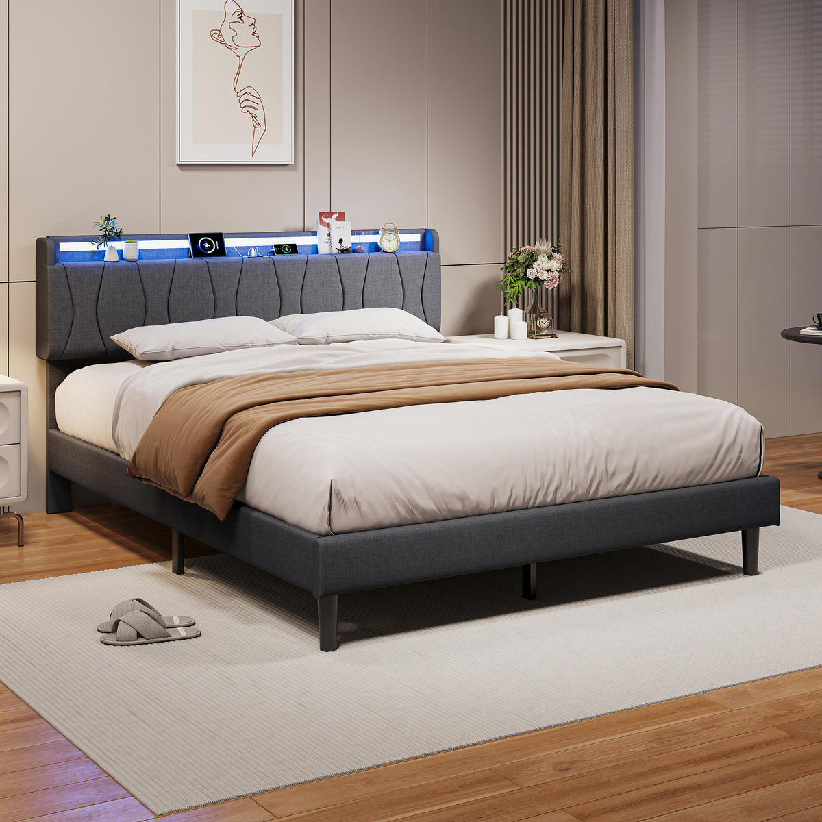 DOPPELBETT 160x200 cm mit lattenrost, polsterbett mit USB und LED, leinenstoff, grau - Grau, Holz/Metall (160/200cm) - GENKI LIVING