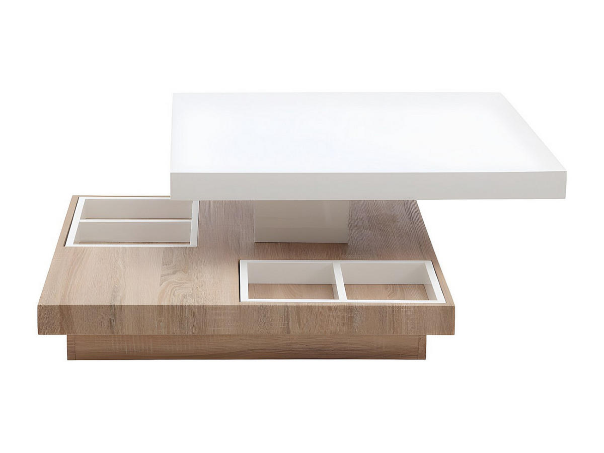 COUCHTISCH mit drehbarer Tischplatte - MDF - Weiß lackiert & Eichefarben - FAUSTO II - Naturfarben, Holz (80/80/34cm) - Vente-Unique
