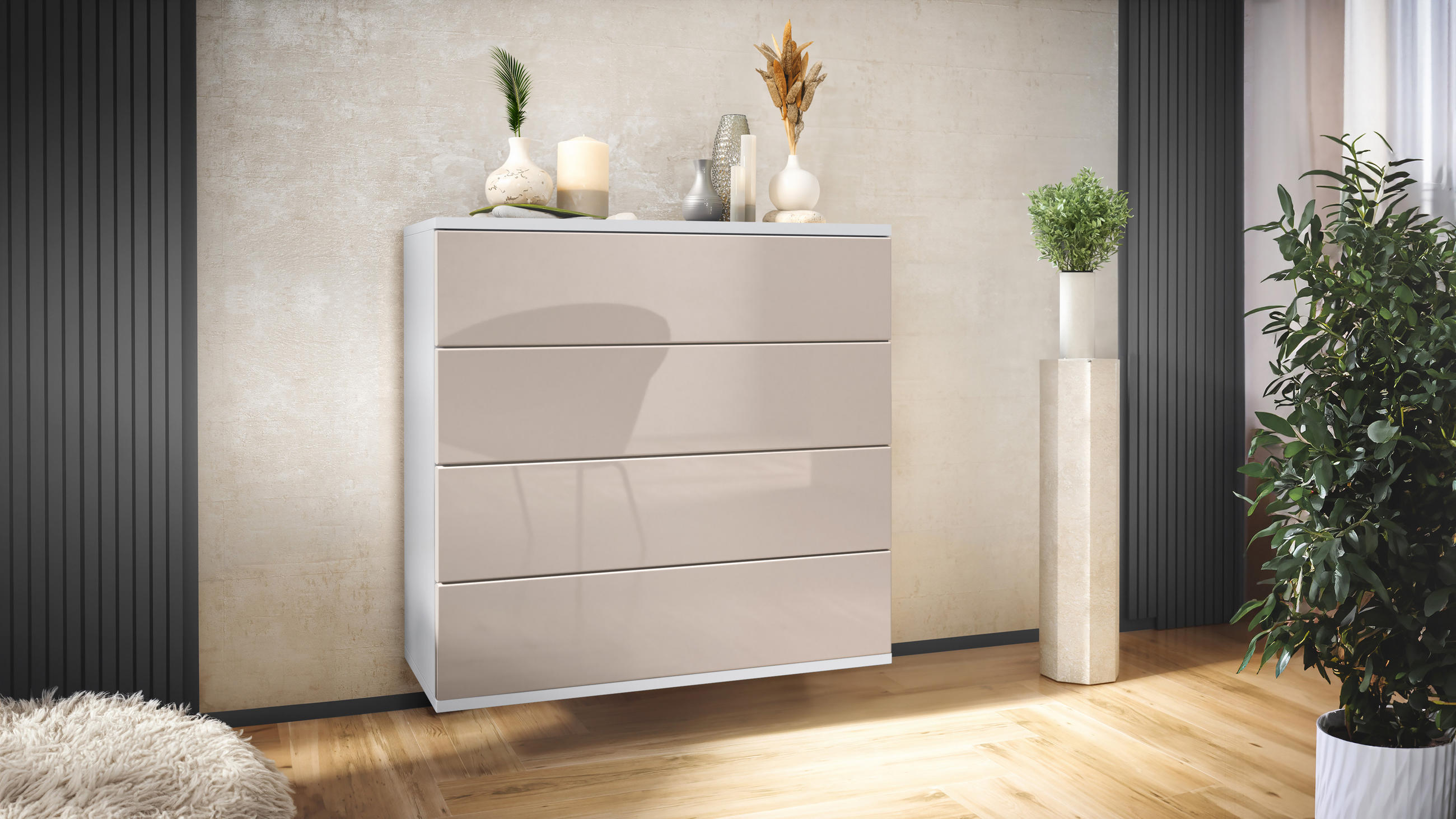 KOMMODE Pavos Sandgrau Hochglanz - Sandfarben, Holzwerkstoff (76/76/35cm) - Vladon