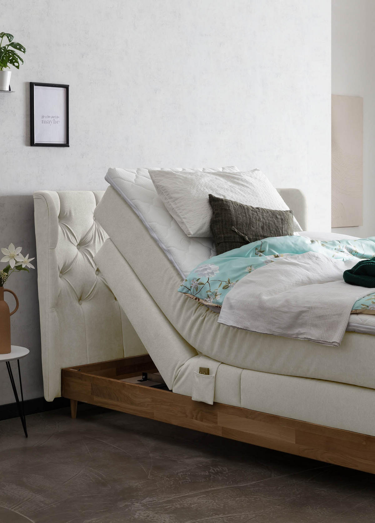 BOXSPRINGBETT ELEKTRISCH VERSTELLBAR EON 160x200 Beige H2 und H3 Bett mit Motor 7-Zonen TFK Matratze inkl. Visco Topper Motorbett mit Eiche - Beige, Textil (160/200cm) - Belanoti