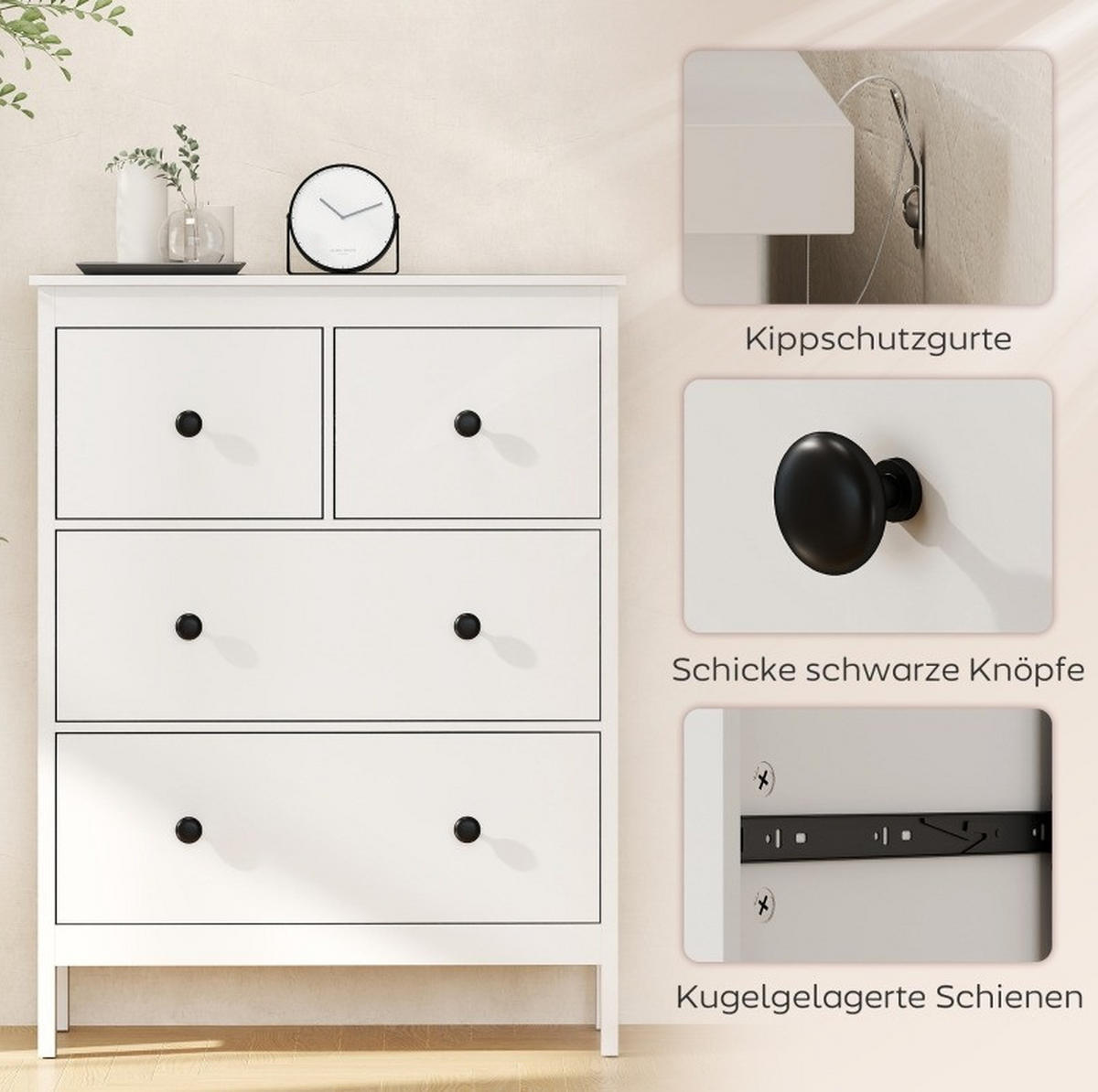 KOMMODE aus Spanplatte 35x74x97 cm Weiß mit 4 Schubladen, kugelgelagerten Schienen und Anti-Kipp-Sicherung - Weiß, Holzwerkstoff (74/97/35cm) - Modfu