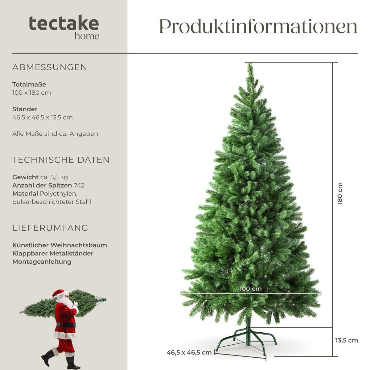 WEIHNACHTSBAUM ,inklusive Metallständer mit Kunststoffkappen,grün - Grün, Kunststoff (180cm) - tectake