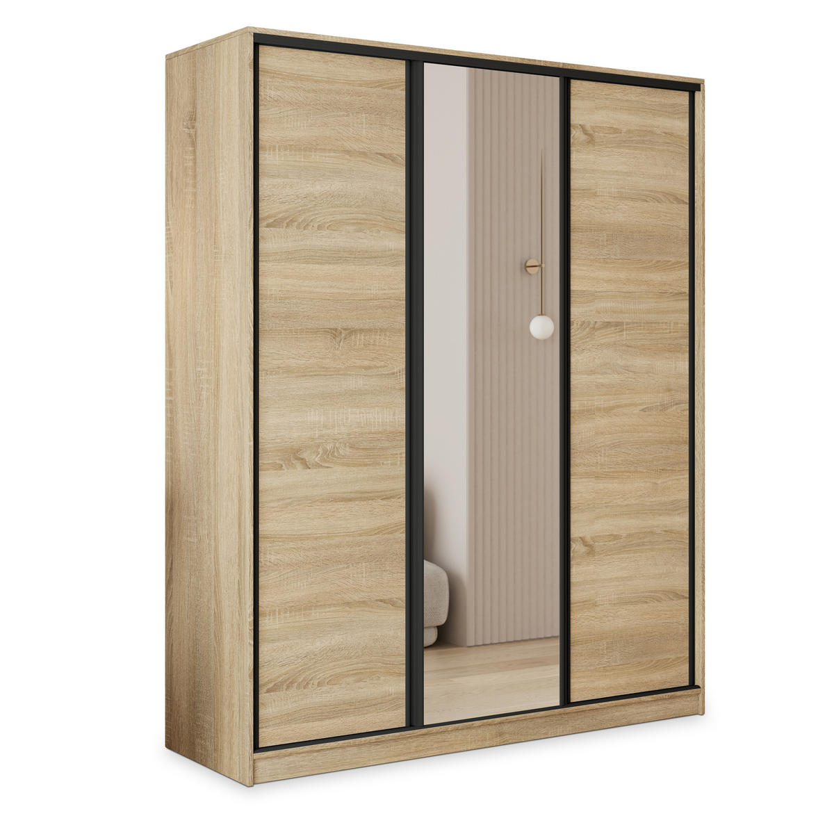 SCHWEBETÜRENSCHRANK TARI 160/205/58 cm 3-türig mit Spiegel und 4 Schubladen Sonoma Eiche - Sonoma Eiche, Holzwerkstoff (160/205/58cm) - MASSENO