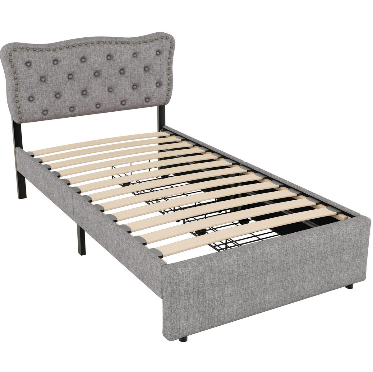 POLSTERBETT 90/200 cm grau mit Aufbewahrung und verstellbarem Nachttisch - Grau, Textil (90/200cm) - OKWISH