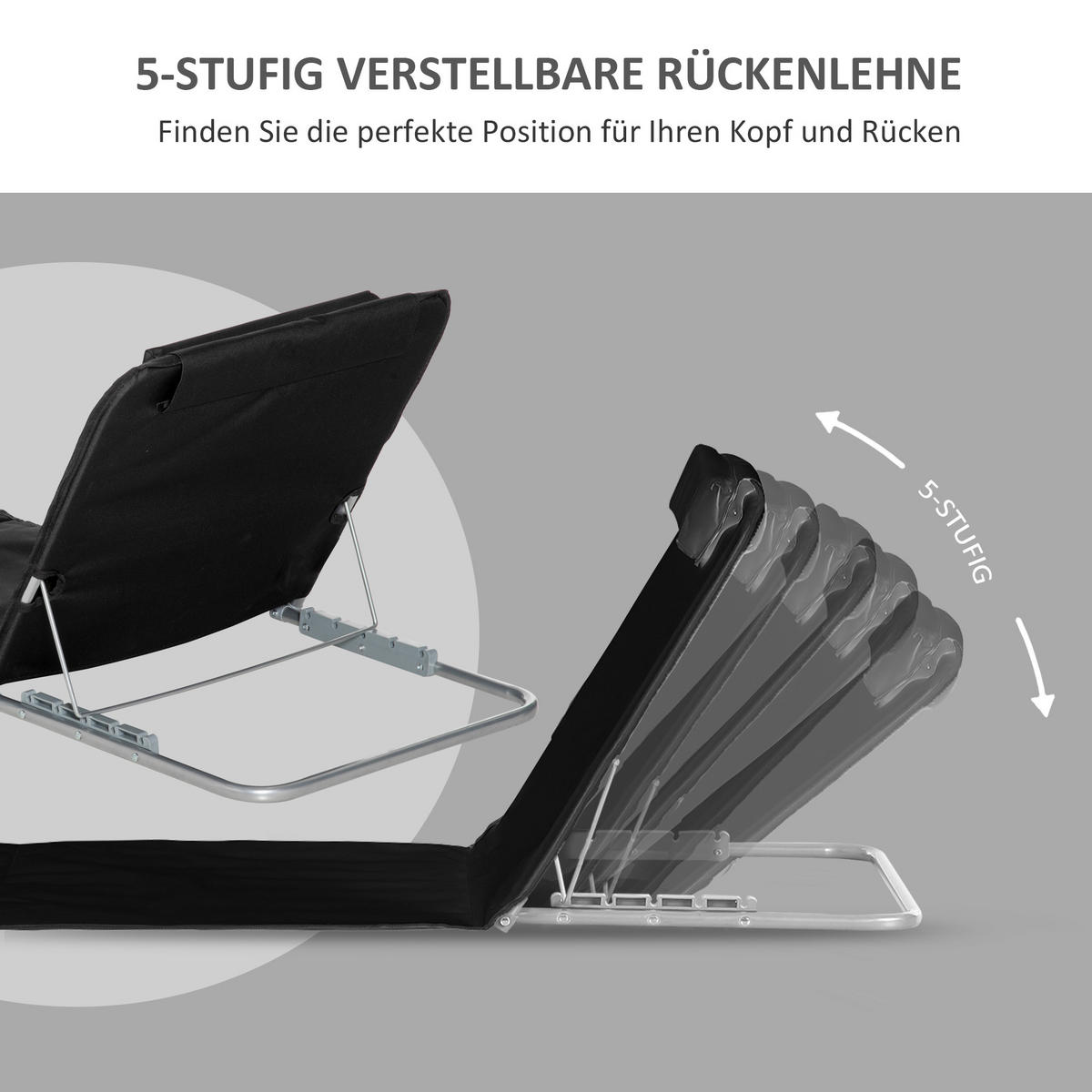 HÖHENVERSTELLBARE STRANDLIEGE, 134 x 48 x 33-43 cm, Stahl, Schwarz - Schwarz, Kunststoff (134/43/48cm) - Outsunny