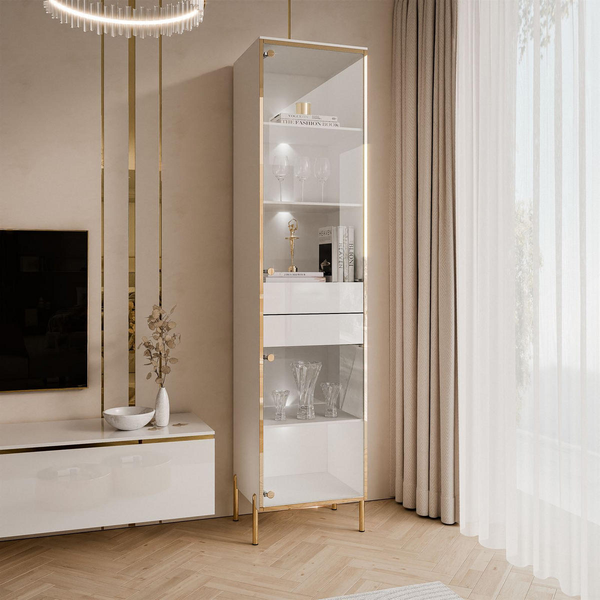 VITRINE AURORA in Weiß hochglanz mit LED-Beleuchtung mit gerade Goldchrom Fuße - Weiß Hochglanz/Goldfarben, Holzwerkstoff/Metall (45/195/40cm) - Lookway