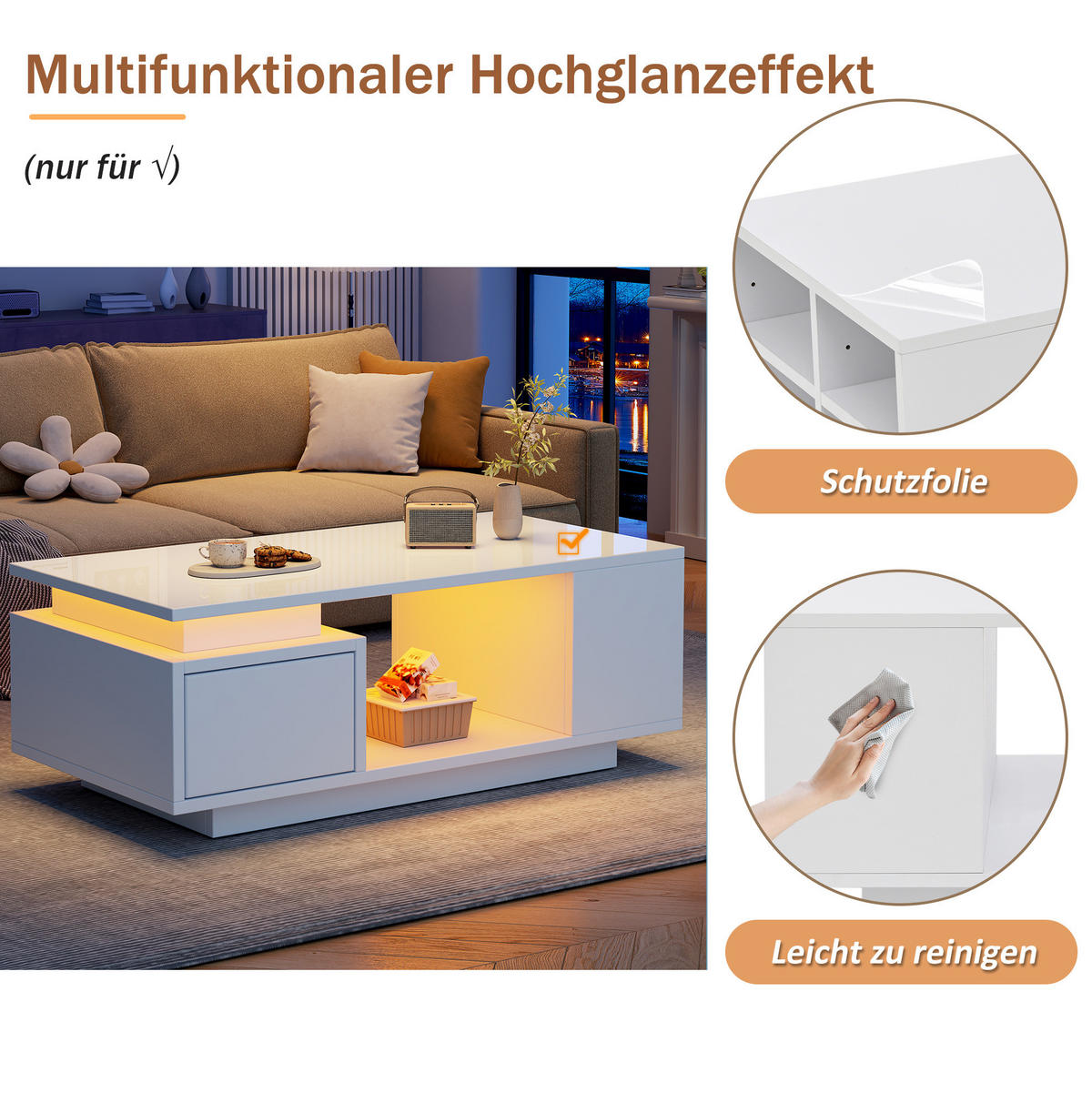 COUCHTISCH 100/50/36 cm mit LED-Beleuchtung, Schublade und seitlichen Ablagefächern, Weiß - Weiß, Holzwerkstoff (100/50/36cm) - Redom