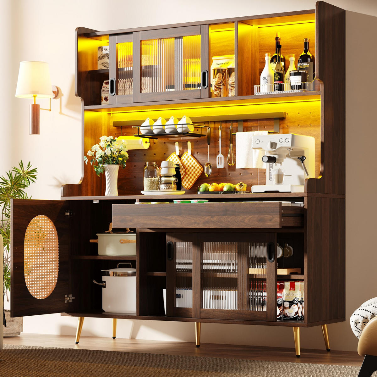 BUFFET 145/39/171 cm aus MDF mit LED-Lichtleiste Braun - Braun, Holzwerkstoff (145/171/39cm) - Modenvie
