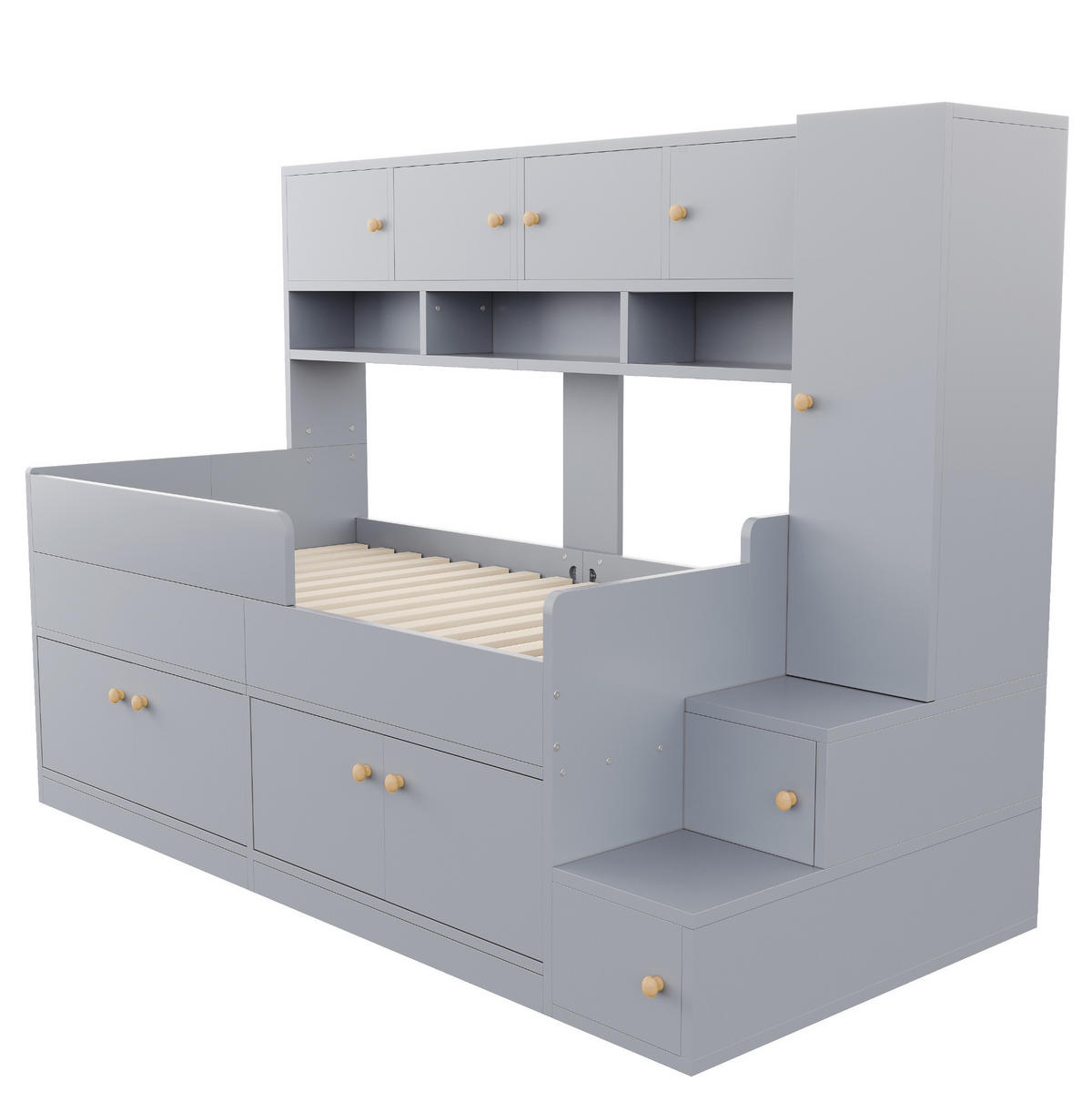 KINDERBETT Holz 90x200 cm Grau mit Stauraum, Leiter, Kleiderschrank und LED-Beleuchtung - Grau, Holz (90/200cm) - Modfu