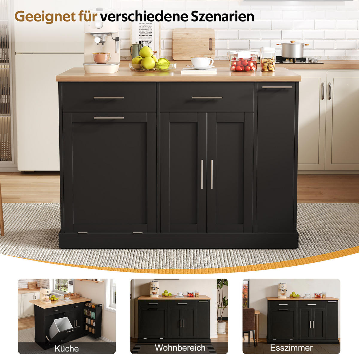 KÜCHENINSEL 120/45(70)/93 cm Schwarz mit Müllschrank, 4-stufigem Gewürzregal und 2 Schubladen - Schwarz, Holz/Holzwerkstoff (70/93.5/120cm) - Oxeza