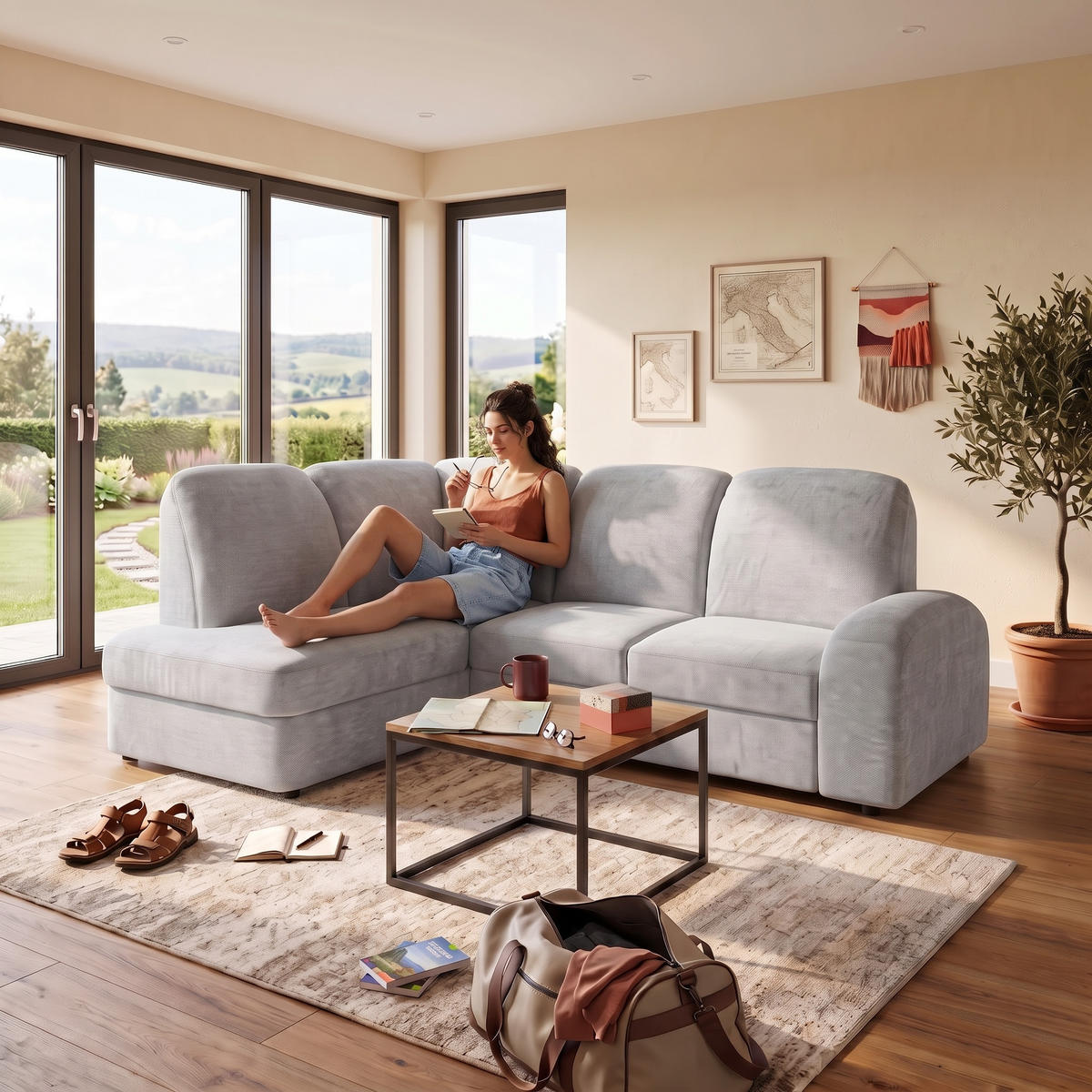 ECKSOFA VIBE L Links mit Schlaffunktion 129x205 Chenille Hellgrau - Hellgrau/Schwarz, Holz/Kunststoff (186/250cm) - Muffo