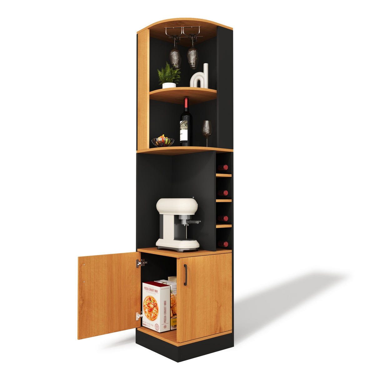 HIGHBOARD DE-38705 40/40/182 cm Weinglasregal und 4 Weinfächer Schwarz - Schwarz, Holzwerkstoff (40/182/40cm) - ComfortXL