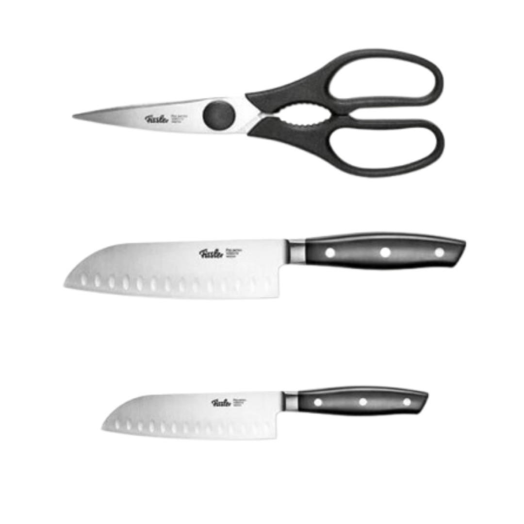 KÜCHENMESSER SET 3-tlg Schwarz Silber, Santokumesser 130 mm, 165 mm, Küchenschere, Edelstahl, Schneidemesser, Küchenzubehör, Profi Messer - Silberfarben/Schwarz, Kunststoff/Metall - Fissler