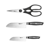 KÜCHENMESSER SET 3-tlg Schwarz Silber, Santokumesser 130 mm, 165 mm, Küchenschere, Edelstahl, Schneidemesser, Küchenzubehör, Profi Messer - Silberfarben/Schwarz, Kunststoff/Metall - Fissler