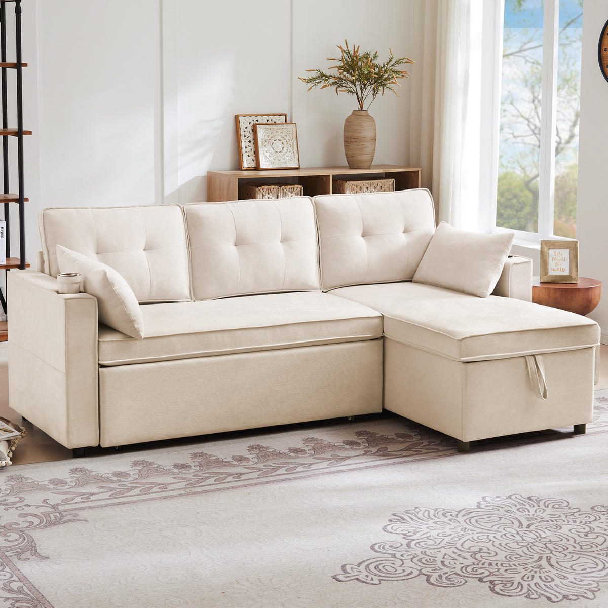 SCHLAFSOFA L-Form mit Stauraum und Getränkehalter - Beige, Textil (211/86/129.5cm)