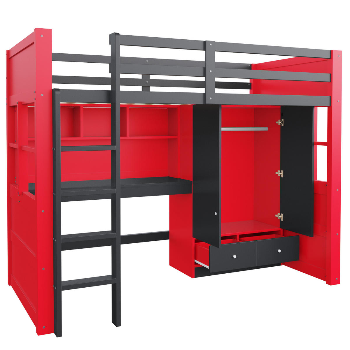 HOCHBETT 90/200 cm Schwarz/Rot mit LED und Lattenrost - Schwarz, Holz (90/200cm) - MIVRAY