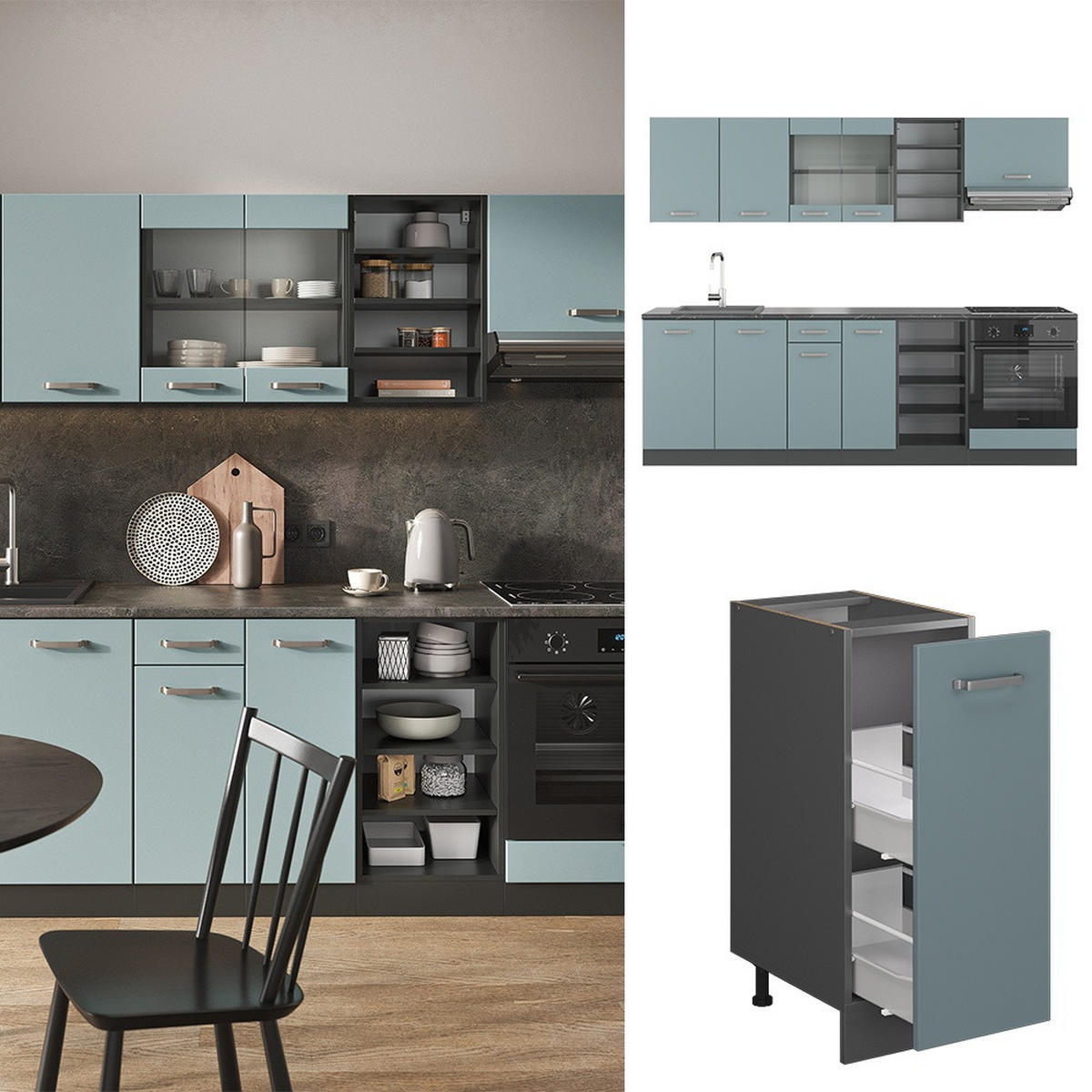 KÜCHENZEILE R-Line Blau-Grau/Anthrazit 240 cm , AP Eiche - Anthrazit/Blaugrau, Holzwerkstoff (240/206.8/60cm) - Vicco