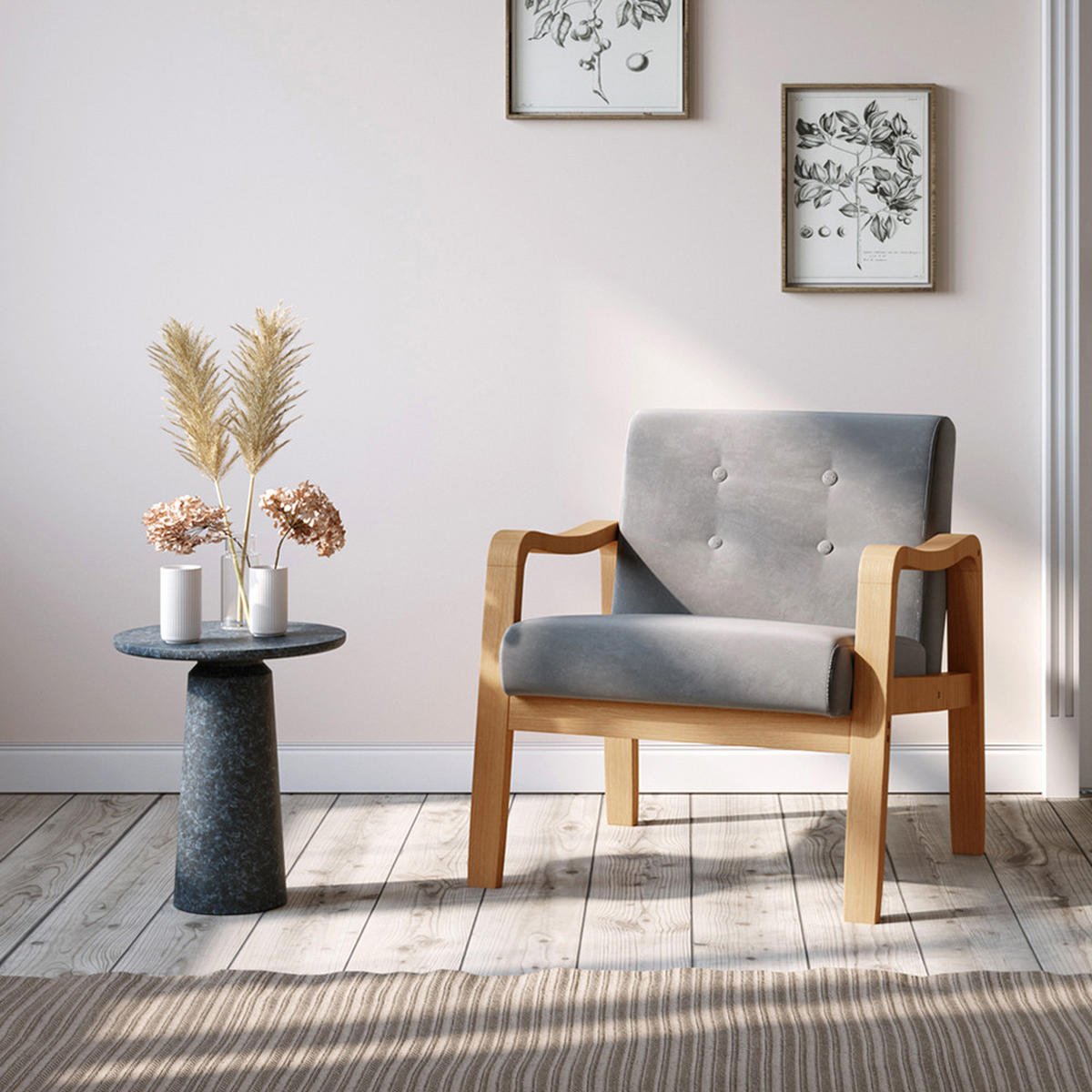 POLSTERSESSEL Sessel mit 35D Schaumstoff Gummiholz Armlehnen Holzrahmen Leinen Grau Bequeme Polsterung 70 x 63 x 78 cm - Naturfarben/Grau, Holz/Textil (70/78/63cm) - Livingandhome