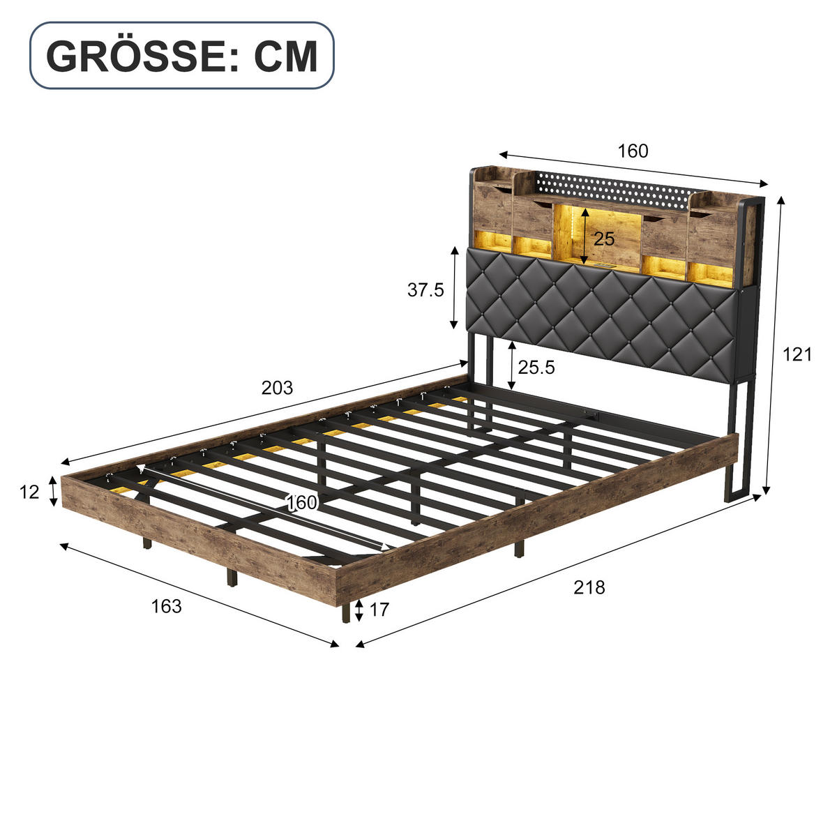 POLSTERBETT 160x200 cm mit LED und USB, Doppelbett mit Lattenrost und Kopfteil, PU, Braun und Schwarz - Schwarz/Braun, Leder/Holzwerkstoff (160/200cm) - GENKI LIVING