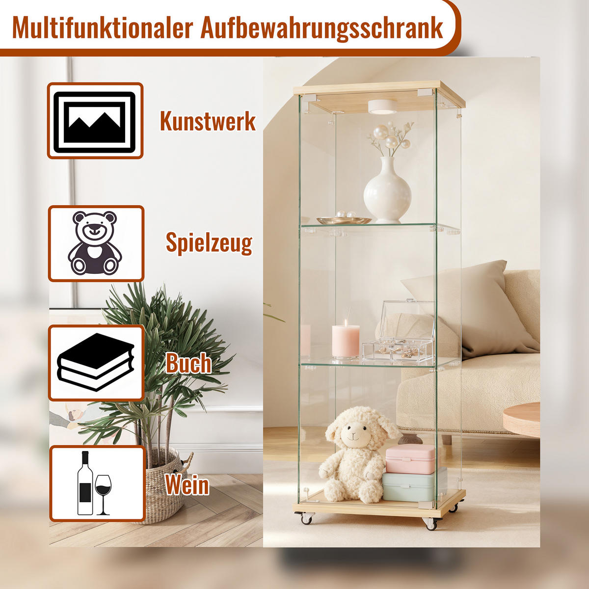 VITRINE in Naturfarben Glasvitrine mit LED-Beleuchtung für Wohn- und Schlafzimmer, B42.5/T36.5/H120cm - Naturfarben, Glas/Holzwerkstoff (42.5/120/36.5cm) - STILVORA