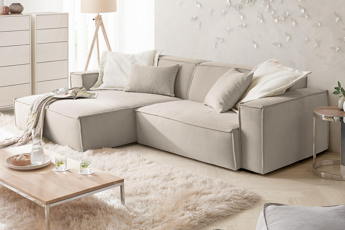 ECKSOFA SAMU Beige Cord - Beige/Schwarz, Textil (276/168cm) - KAWOLA