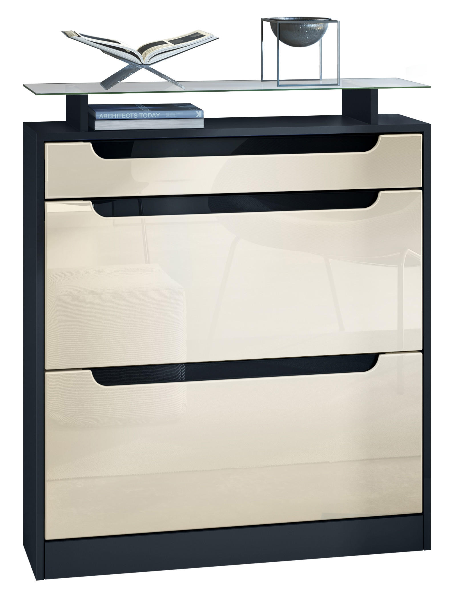 SCHUHSCHRANK Fiesta Creme Hochglanz / Schwarz Hochglanz - Creme, Holzwerkstoff (89/104/23cm) - Vladon