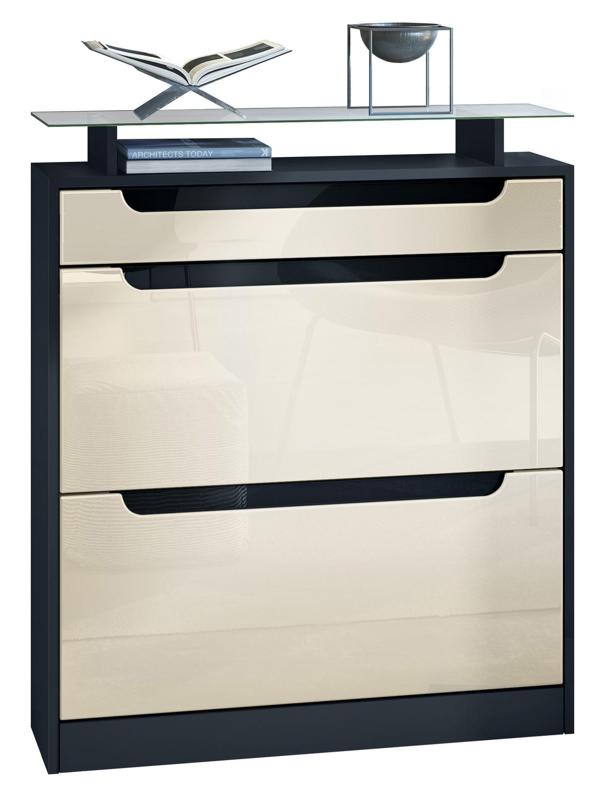 SCHUHSCHRANK Fiesta Creme Hochglanz / Schwarz Hochglanz - Creme, Holzwerkstoff (89/104/23cm) - Vladon