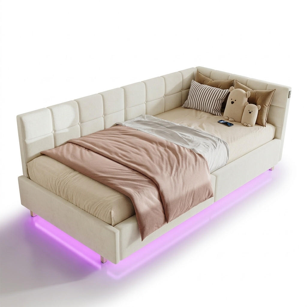 TAGESBETT 90/200 cm in Beige mit LED, Stauraum & USB-Ladestation - Beige, Holz/Metall (90/200cm) - PARAFTA HOME