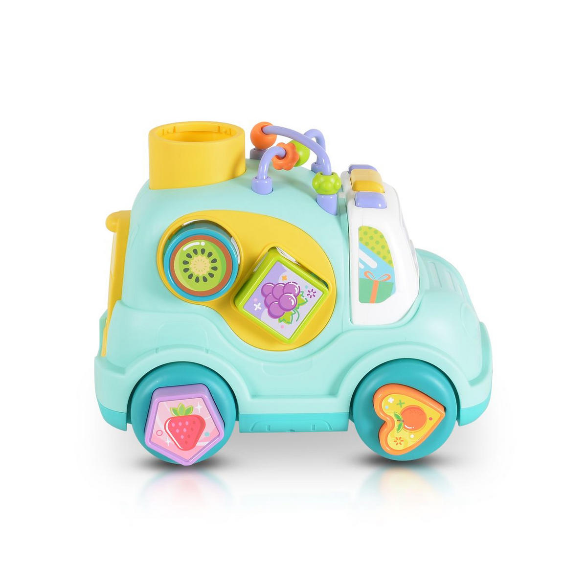 SORTIERSPIEL Auto Musik Licht blau 4 Formen, Hammer, Motorikschleife, 3 Bälle, ab 18 Monaten, Stauraum - Blau, Kunststoff (24/15/14cm) - Moni