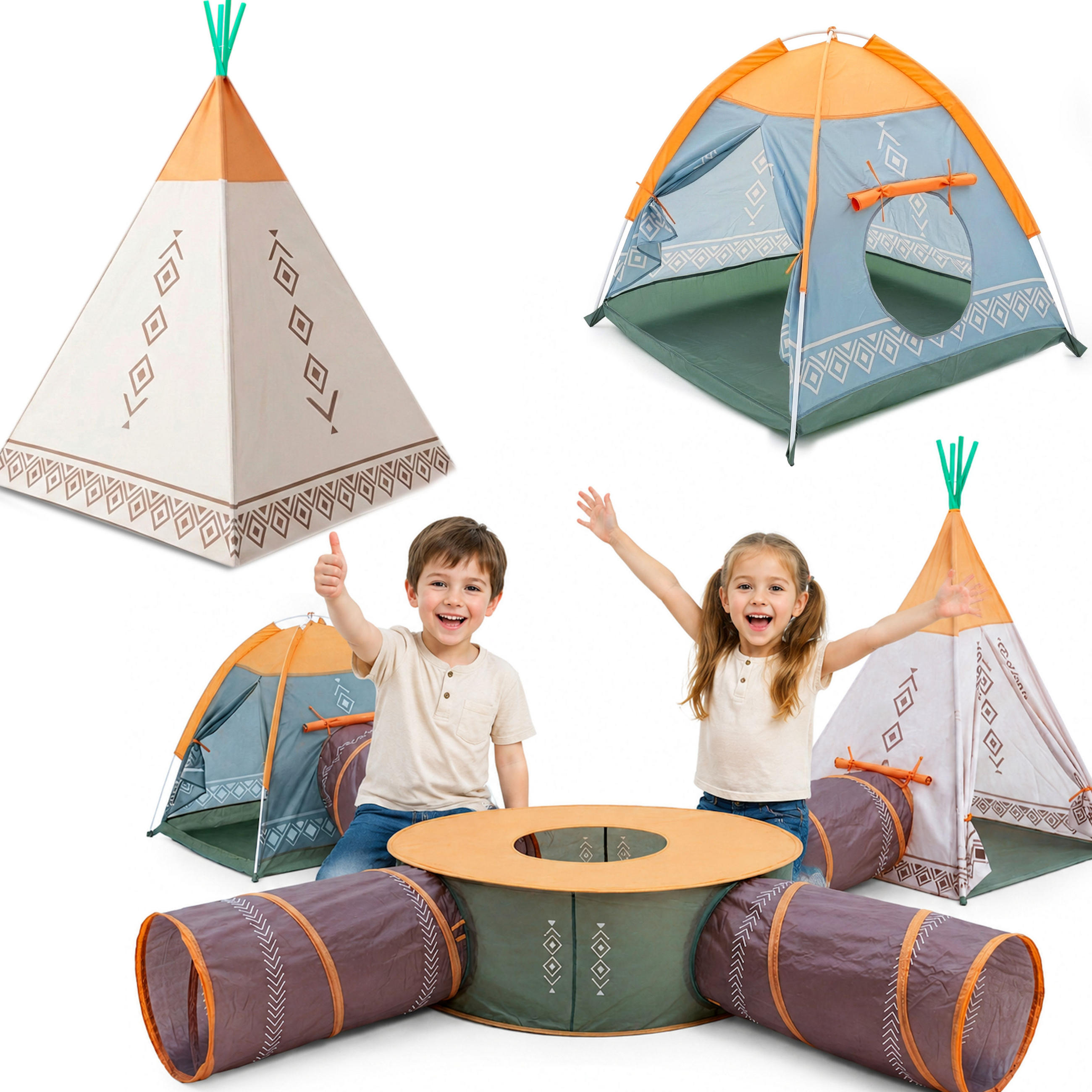 SPIELZELT 7er Set – Tipi, Iglo-Spielzelt mit 4 Tunneln, Indoor & Outdoor, für Kinder ab 3 Jahren - Multicolor, Textil (532/320cm) - COIL