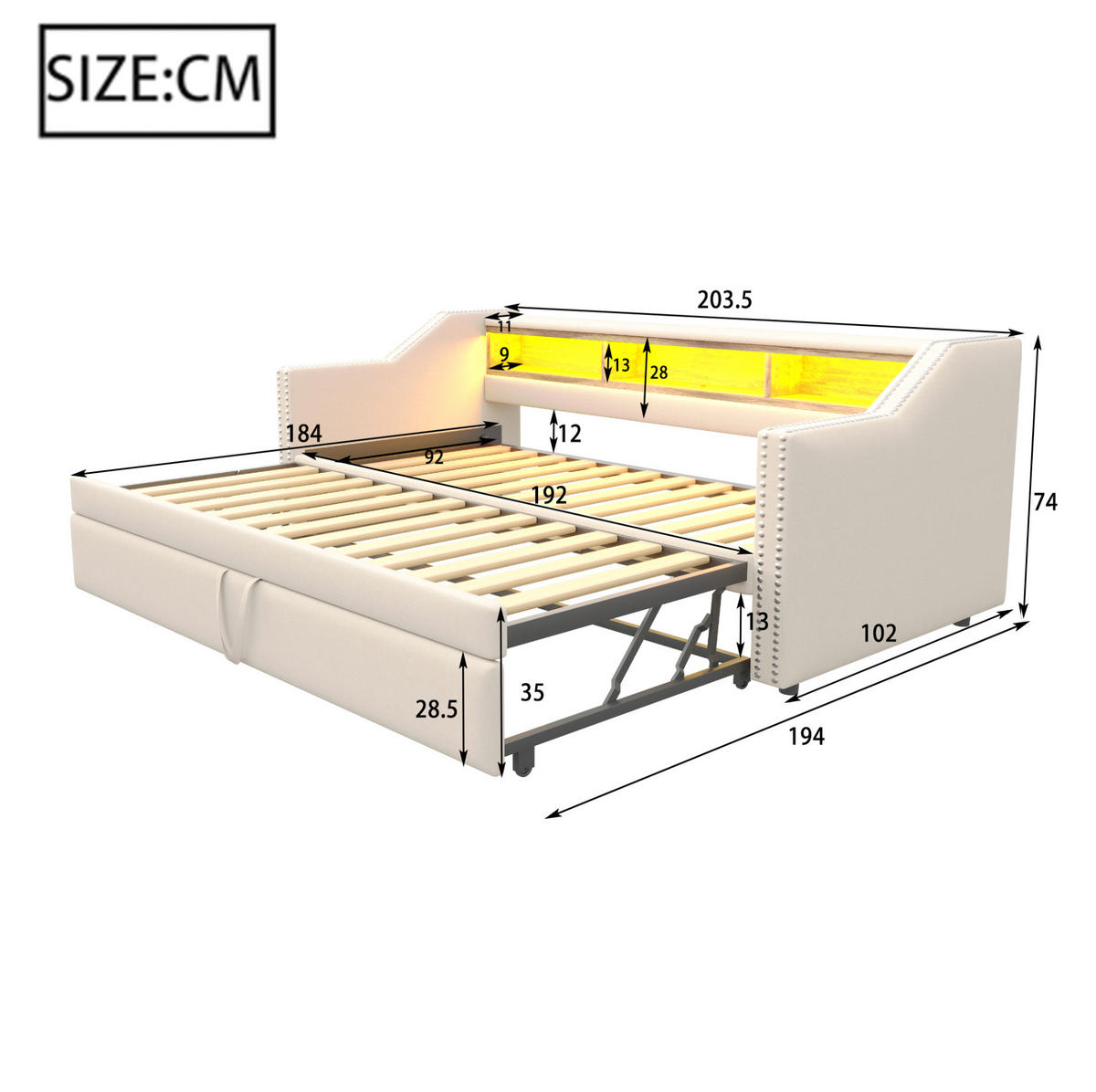 AUSZIEHBETT 90/180 x 190 cm Beige mit LED-Beleuchtung und Ablagefächern - Beige, Textil (90/190cm) - Flora Grace