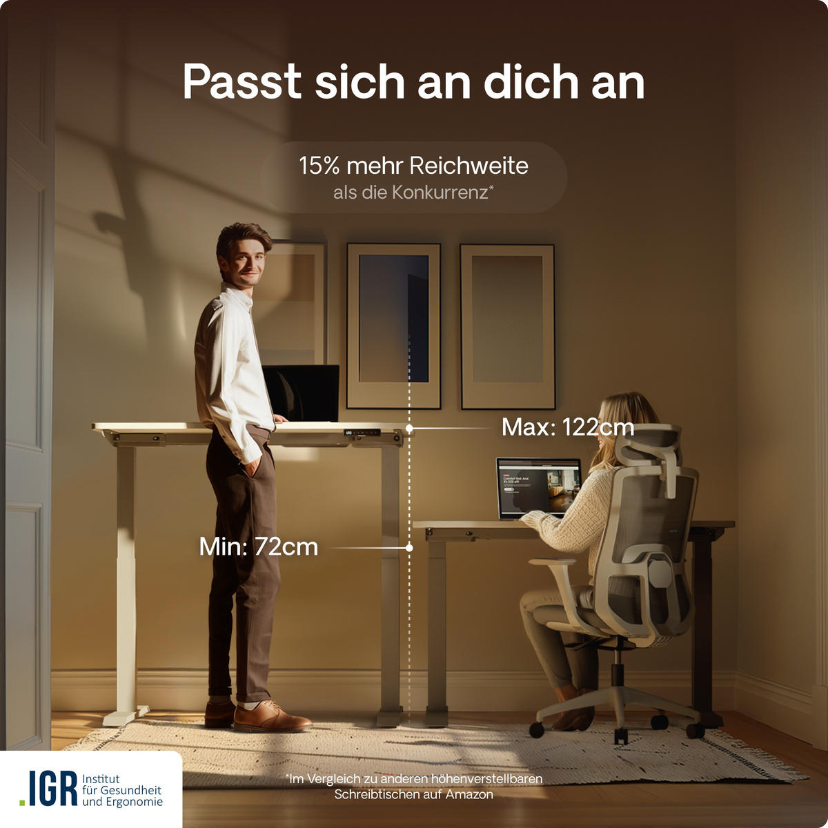 SCHREIBTISCH Elektrisch Höhenverstellbarer HomeOne 120x60cm Grau/Weiß mit Memory-Funktion, Anti-Kollisions Technologie - Weiß/Grau, Holzwerkstoff (60/120/72cm) - Desktronic