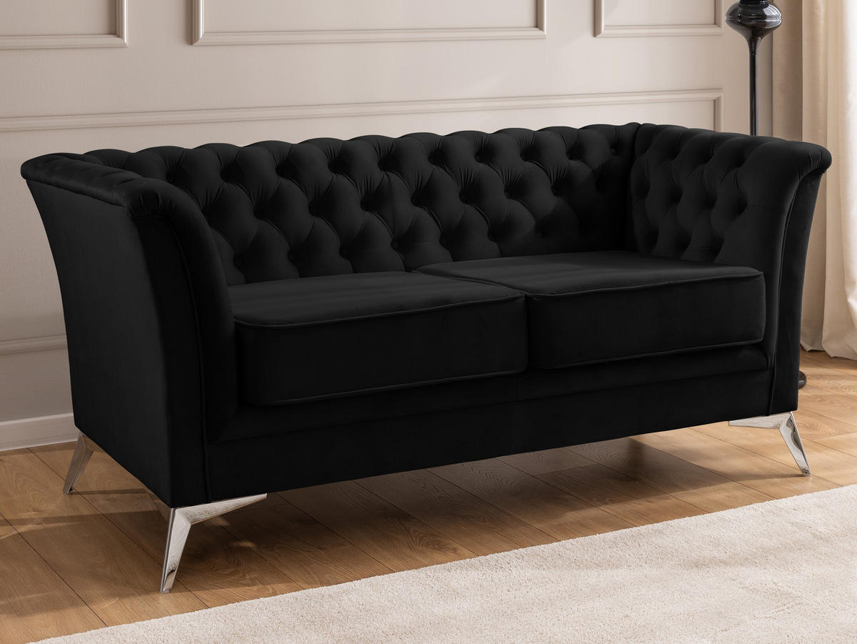 CHESTERFIELD-SOFA 2-sitzer Whitby Schwarz Samt mit silbernen Füßen - Silberfarben/Schwarz, Holz/Textil (175/78/82cm) - S-Style Möbel