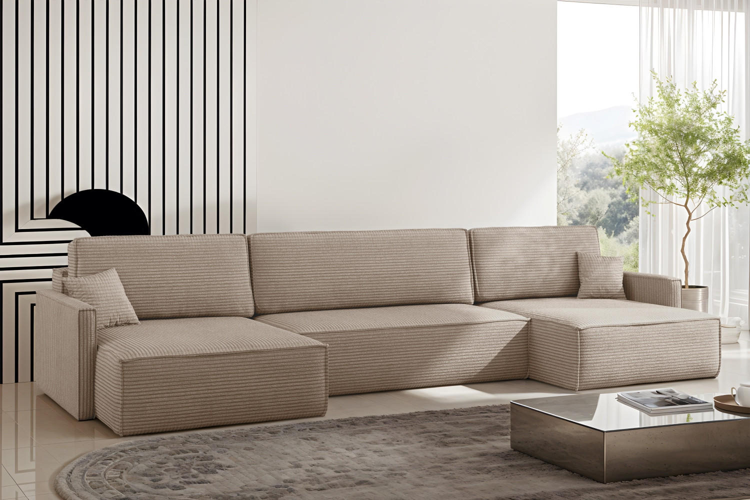 ECKSOFA Carlos Mit Schlaffunktion und Bettkasten Elegante Stoff Poso Dunkelbeige - Sandfarben, Holz/Textil (348/142cm) - Kaiser Möbel