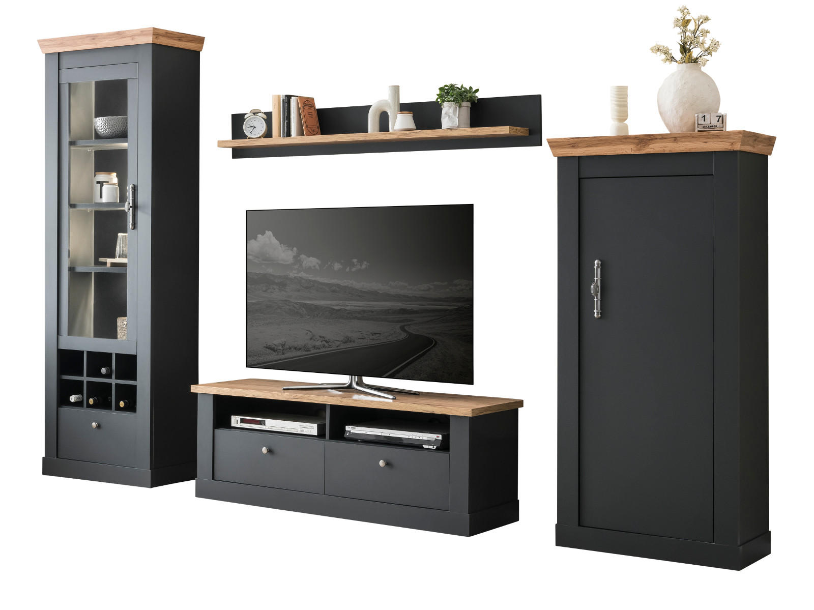 WOHNWAND 4-teilig grau, Eiche Wotan, Landhaus 299 x 201 cm, Wohnkombination mit Soft-Close - Silberfarben/Eiche Wotan, Glas/Holzwerkstoff (299/201/45cm) - Furn.Design