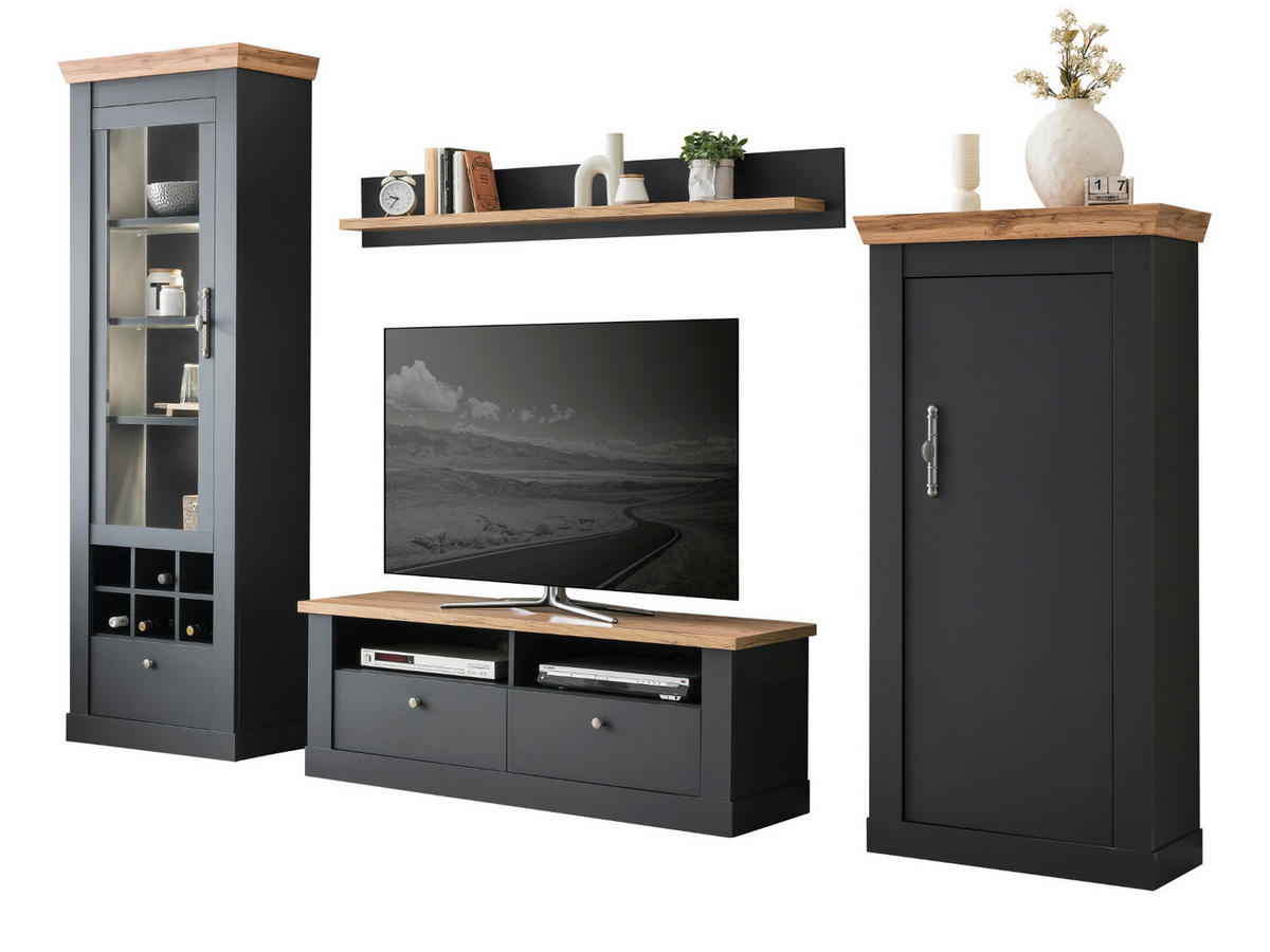 WOHNWAND 4-teilig grau, Eiche Wotan, Landhaus 299 x 201 cm, Wohnkombination mit Soft-Close - Silberfarben/Eiche Wotan, Glas/Holzwerkstoff (299/201/45cm) - Furn.Design