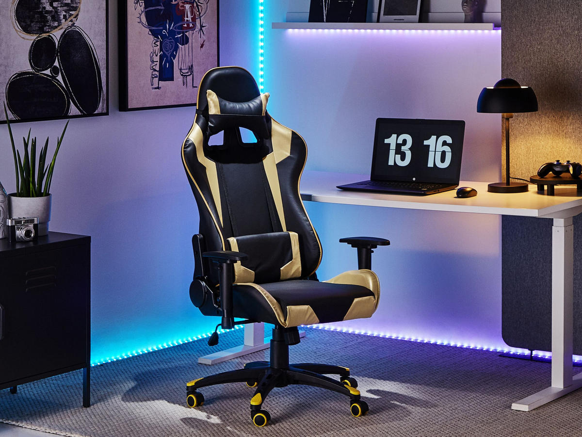 BÜROSTUHL Kunstleder Schwarz/Gold Knight - Schwarz, Kunststoff/Textil (71/129/71cm) - Beliani