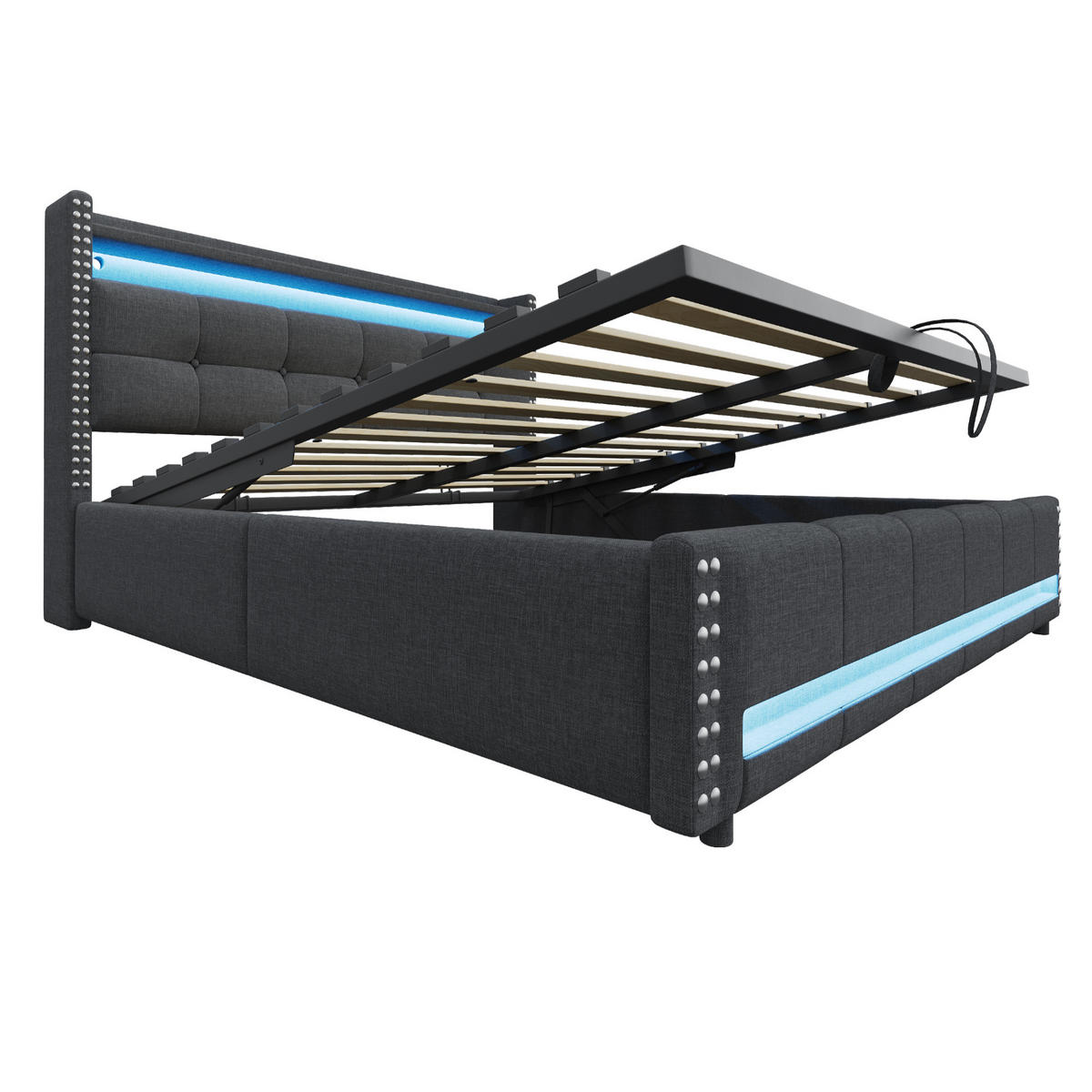 POLSTERBETT 180/200 cm Grau mit LED-Beleuchtung und USB-Steckdose - Grau, Textil (180/200cm) - OKWISH