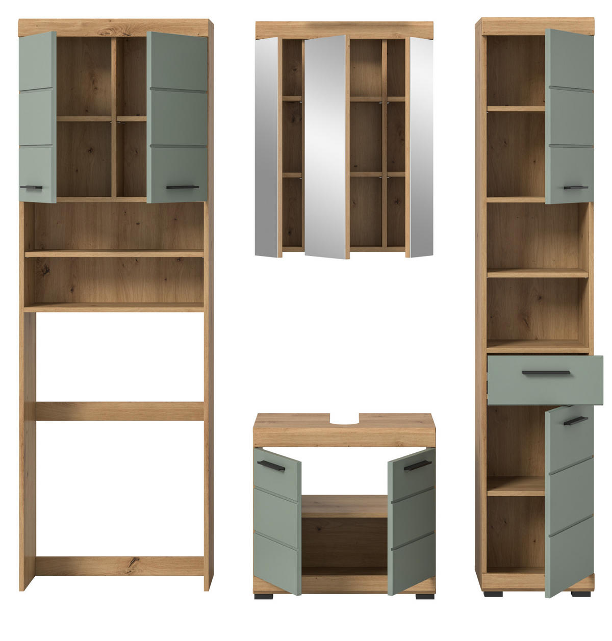 BADMÖBEL-SET Salbei grün, Eiche Artisan 4-teilig 190 cm, Komplettset mit viel Stauraum - Salbeigrün/Schwarz, Glas/Holzwerkstoff (190/191/34cm) - Inn.Furn