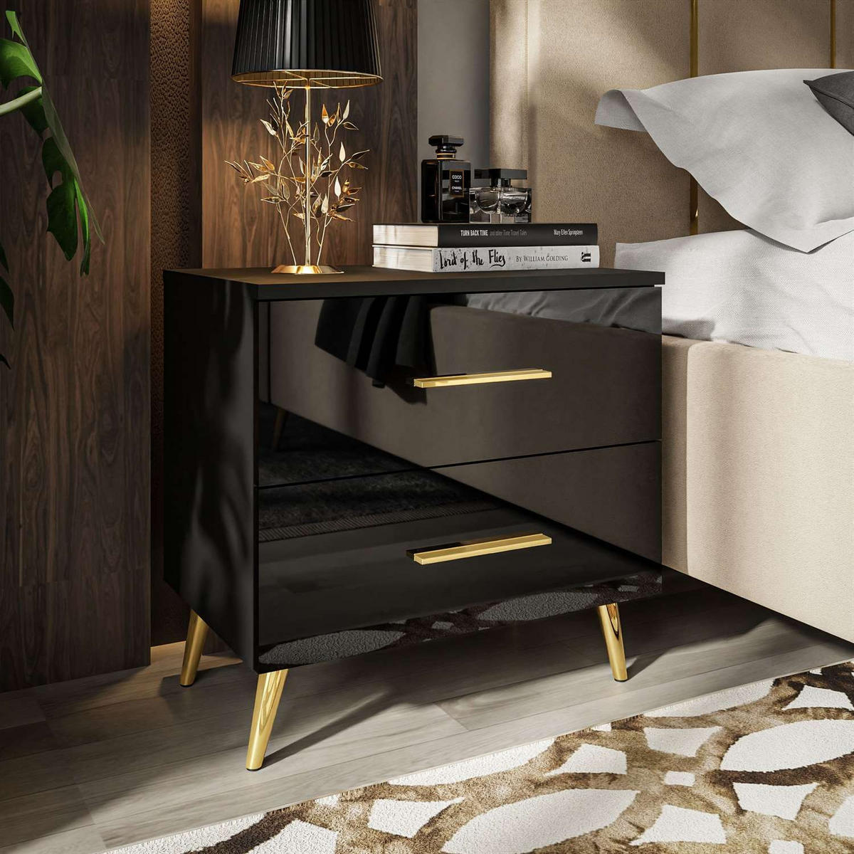 NACHTTISCH AURA mit Griffen, goldenen Beinen - Schwarz, Holzwerkstoff (55/55/37cm) - Lookway