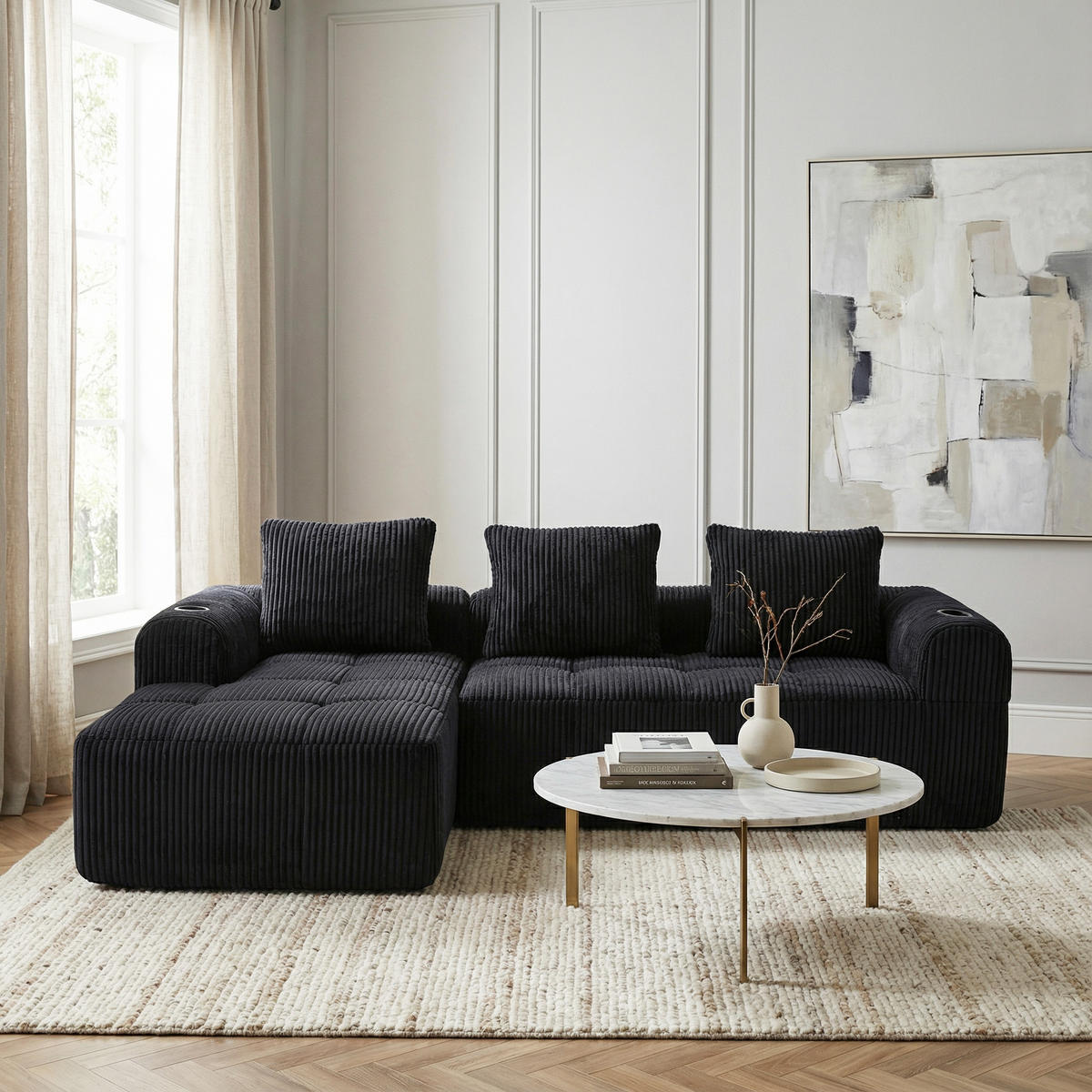 ECKSOFA 3-Sitzer mit Getränkehalter, Seitentaschen & 3 Kissen - Schwarz, Textil (253/158cm) - Urban Meuble