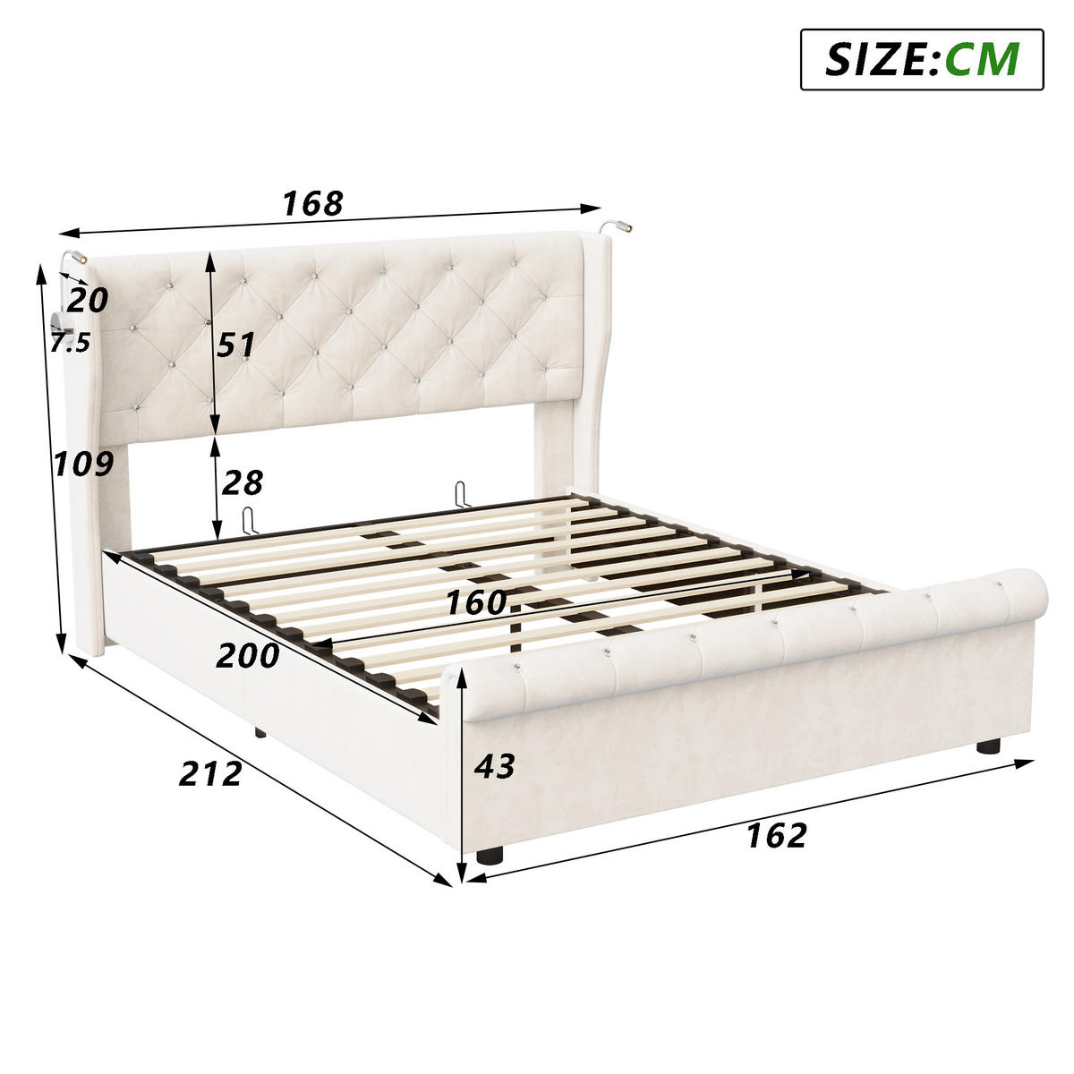 POLSTERBETT 160x200 cm, Beige, Leselichte und USB - Beige, Textil/Metall (160/200cm)