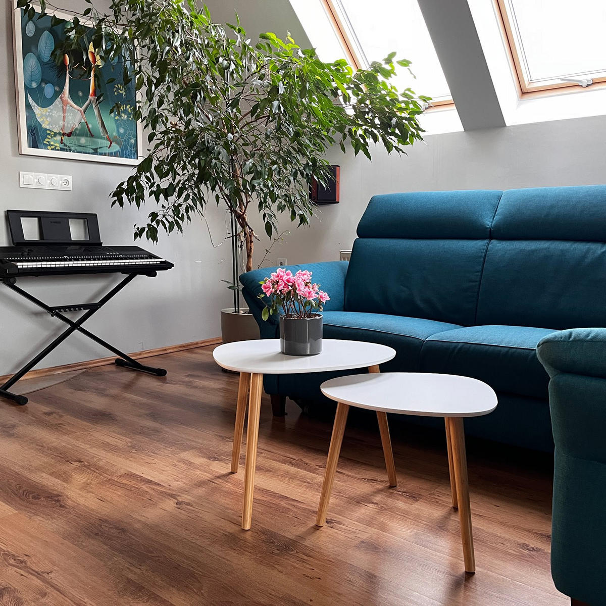 COUCHTISCH 2er Set MDF Bambus Weiß Naturfarben 55×53×42 / 39×39×40 cm - Weiß/Naturfarben, Holzwerkstoff (53/55/42cm) - Begryf