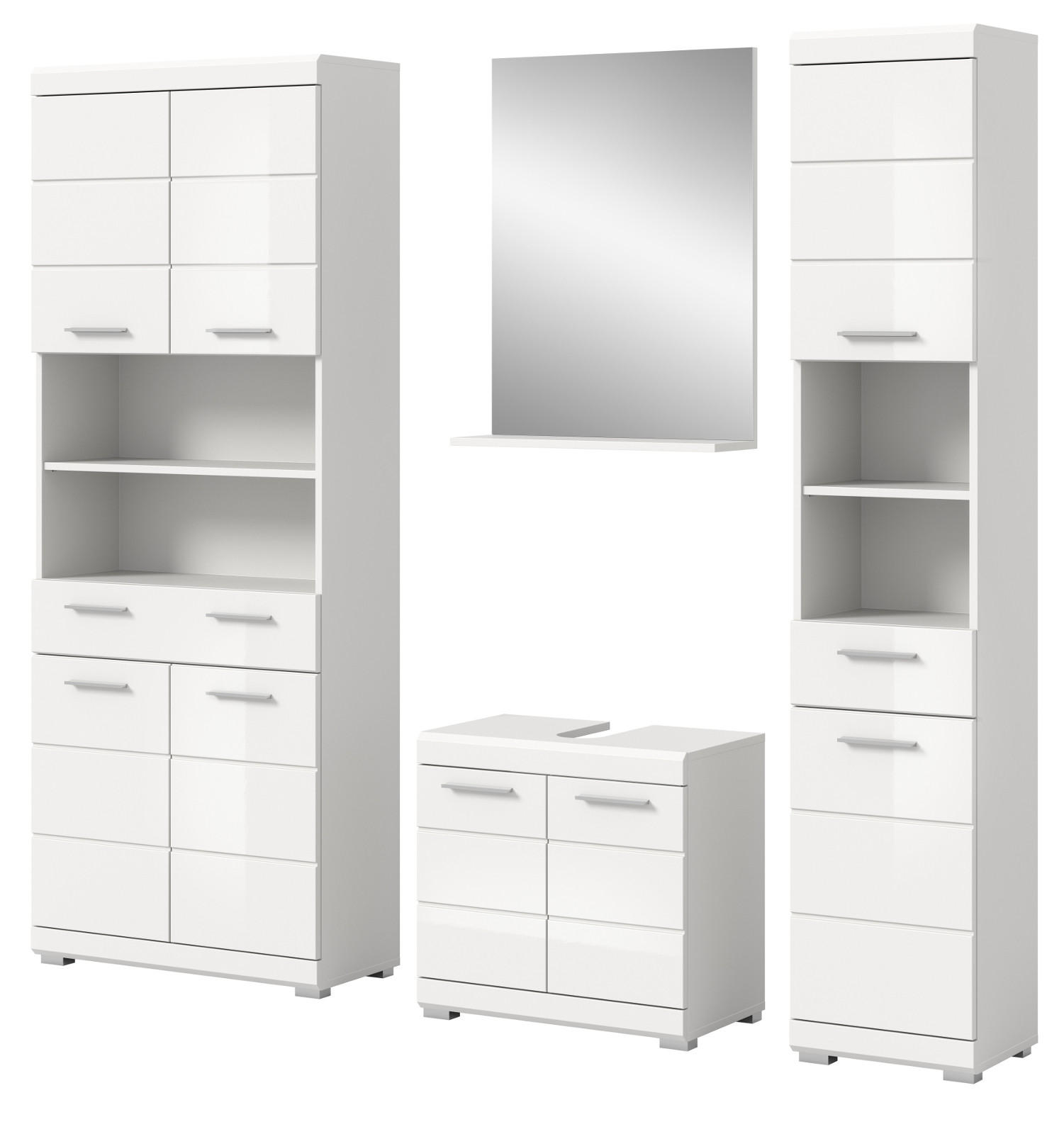 BADMÖBEL-SET weiß Hochglanz 4-teilig 200 cm, Komplettset mit viel Stauraum - Weiß Hochglanz, Glas/Holzwerkstoff (186/191/34cm) - Inn.Furn
