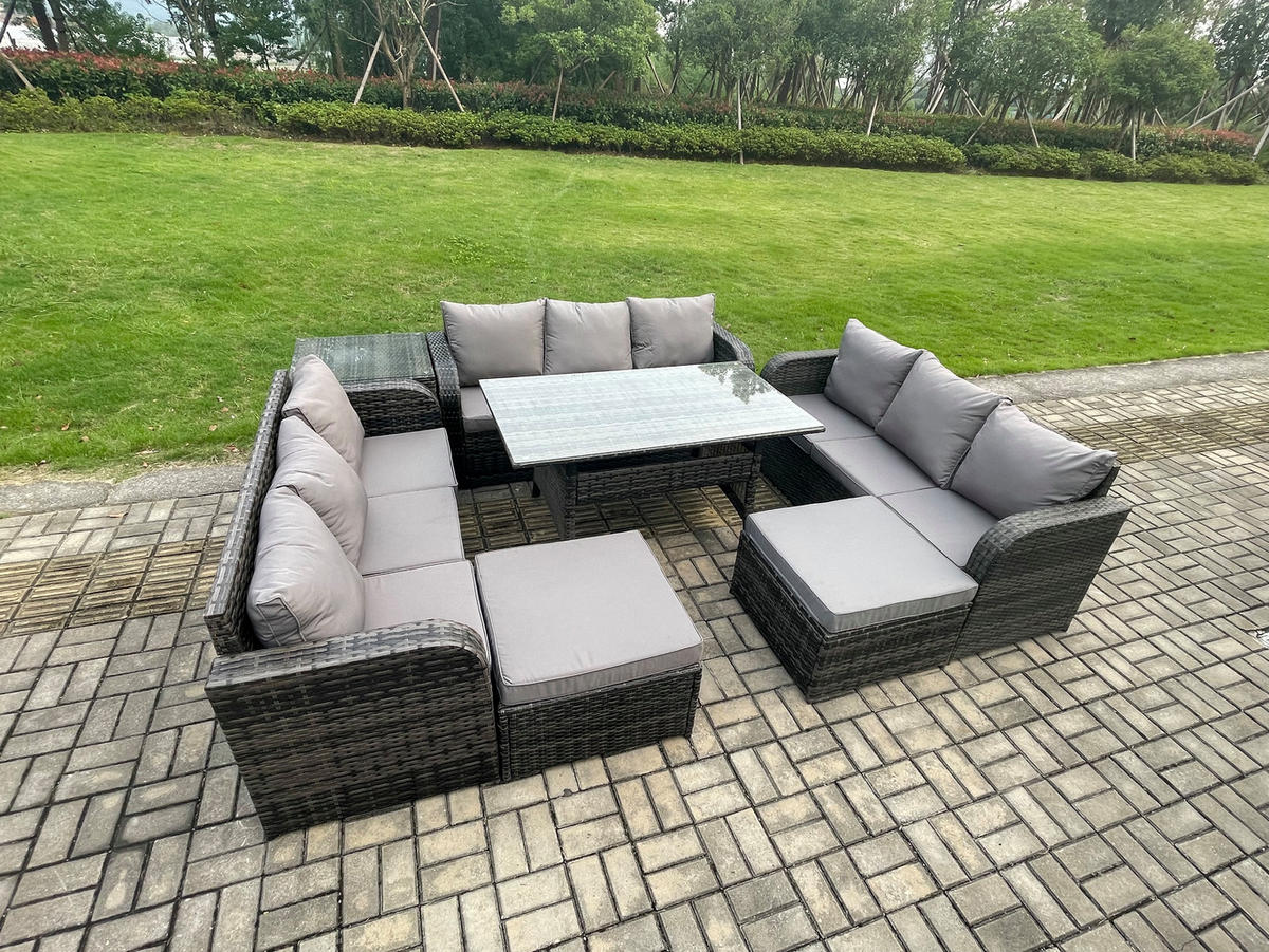 GARTENTISCHGRUPPE mit 2 Hocker Beistelltisch Polyrattan Dunkelgrau 11-Sitzer - Dunkelgrau/Grau, Glas/Kunststoff - Fimous